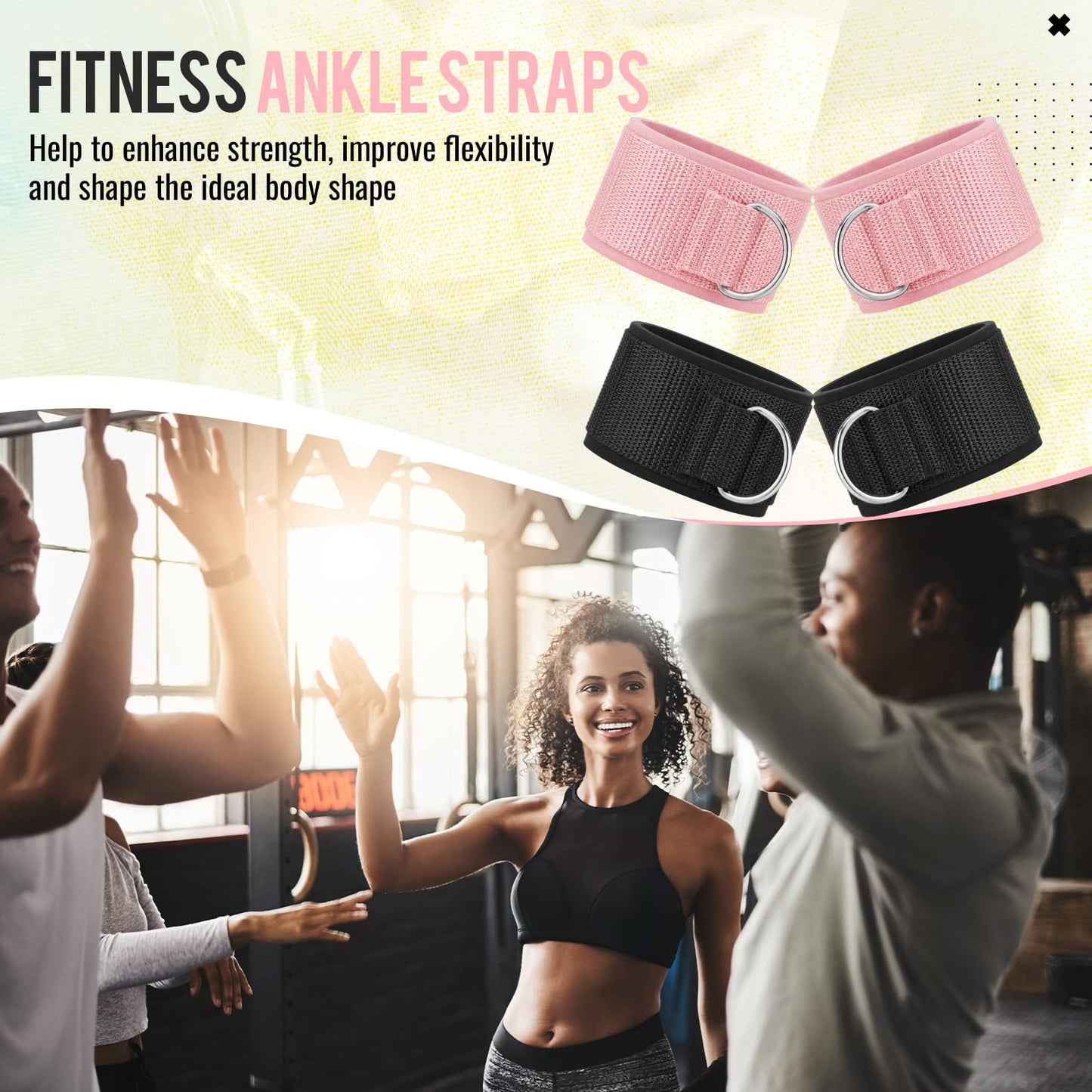 Sadnyy 4 Pack Ankle Straps for Cable Machine Ankle Resistance Bands with D Ring Fitness Wrist Cuffs Neoprene Padded for Women Men Gym Pulley Strap Glute Workouts Leg Extensions(Black, Pink)
