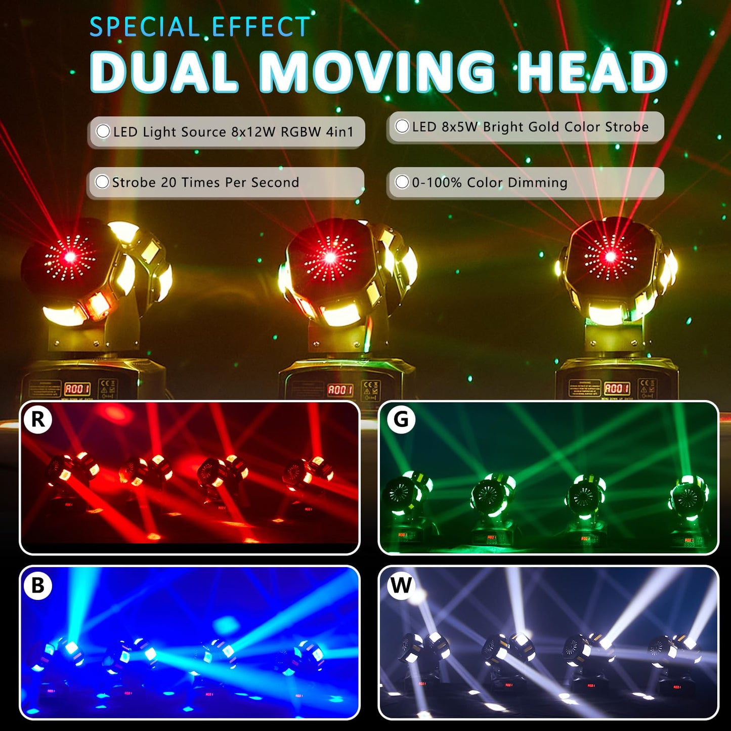 LED Moving Head Dj Lights 8 LEDs DJ Lighting RGB Beam Rotating Stage Lights Strobe & Star Effect with Sound Activated DMX 512 for Party Concert Festival Show