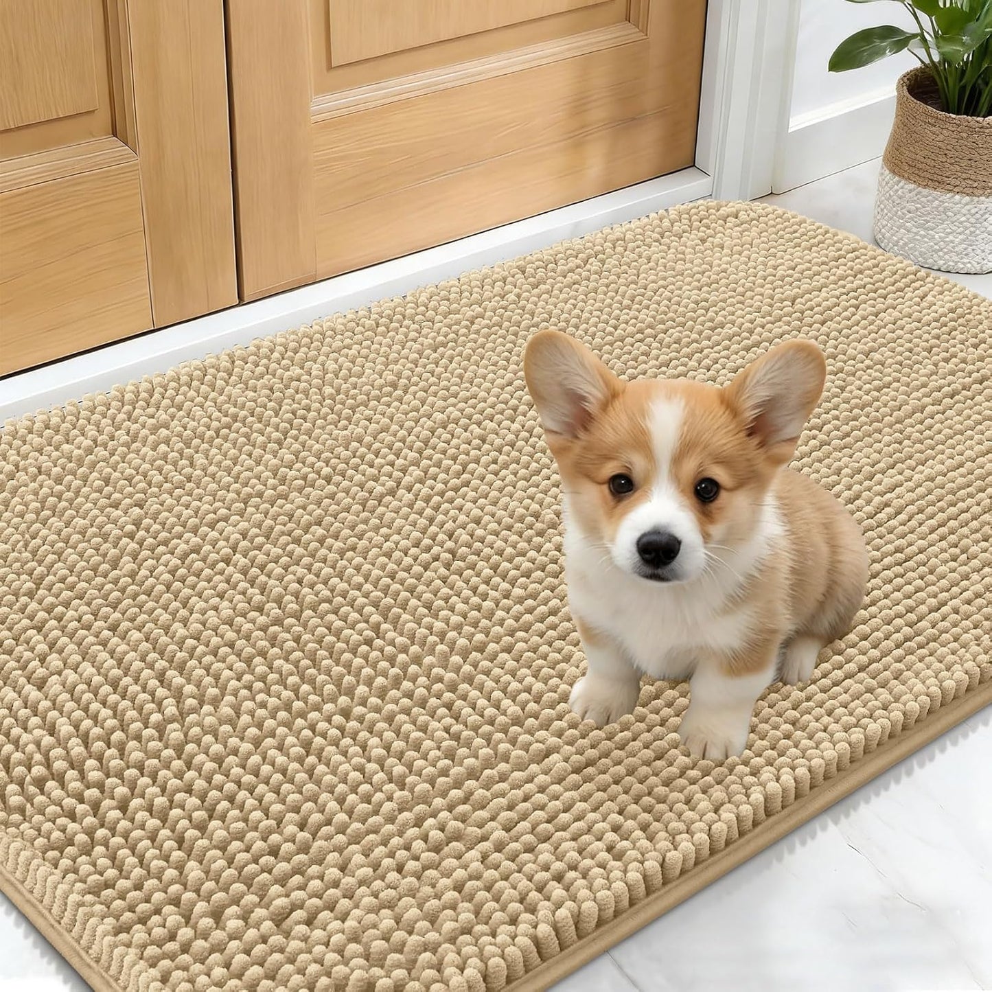 OLANLY Dog Door Mat - Absorbent Non-Slip Chenille for Muddy Paws | 24x16 Beige Indoor Entryway Carpet