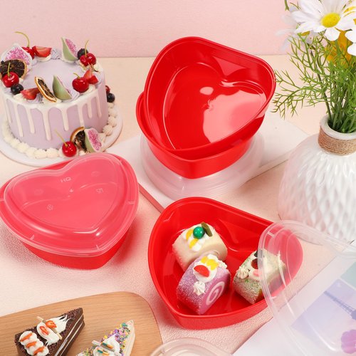 Layhit 60 Pcs Valentine's Day Heart Containers Plastic Food Storage Containers with Lids Heart Shaped Disposable Dessert Lunch Box for Kitchen Restaurant Fruit Vegetable (Red,28 oz)