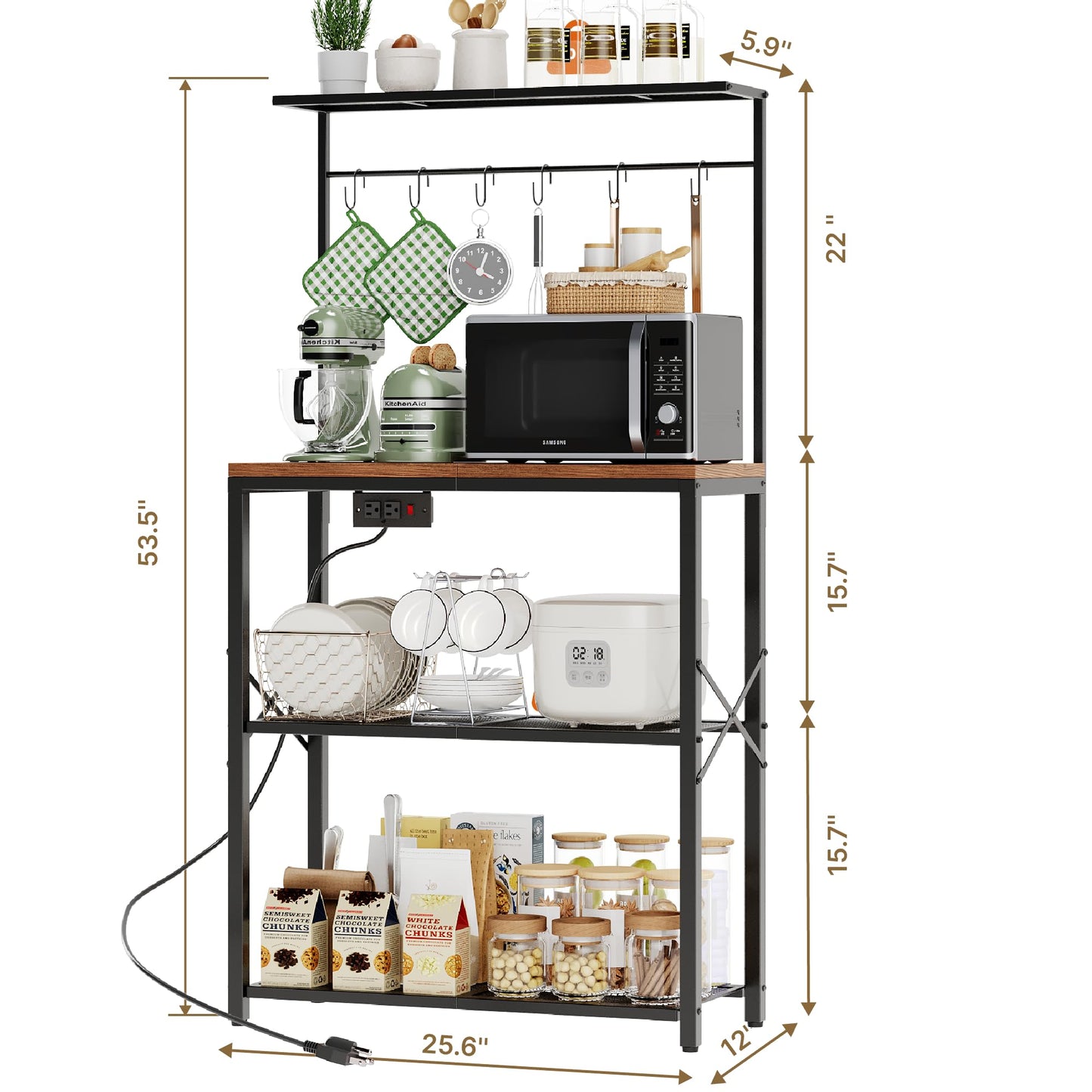 Txecpro kitchen Bakers Rack with Power Outlet, Coffee Bar Table 4 Tiers, Microwave Stand with 6 S-shaped Hooks, Kitchen Storage Shelf Rack for Spices, Pots and Pans，25.6" L x 12" W x 53.5" H