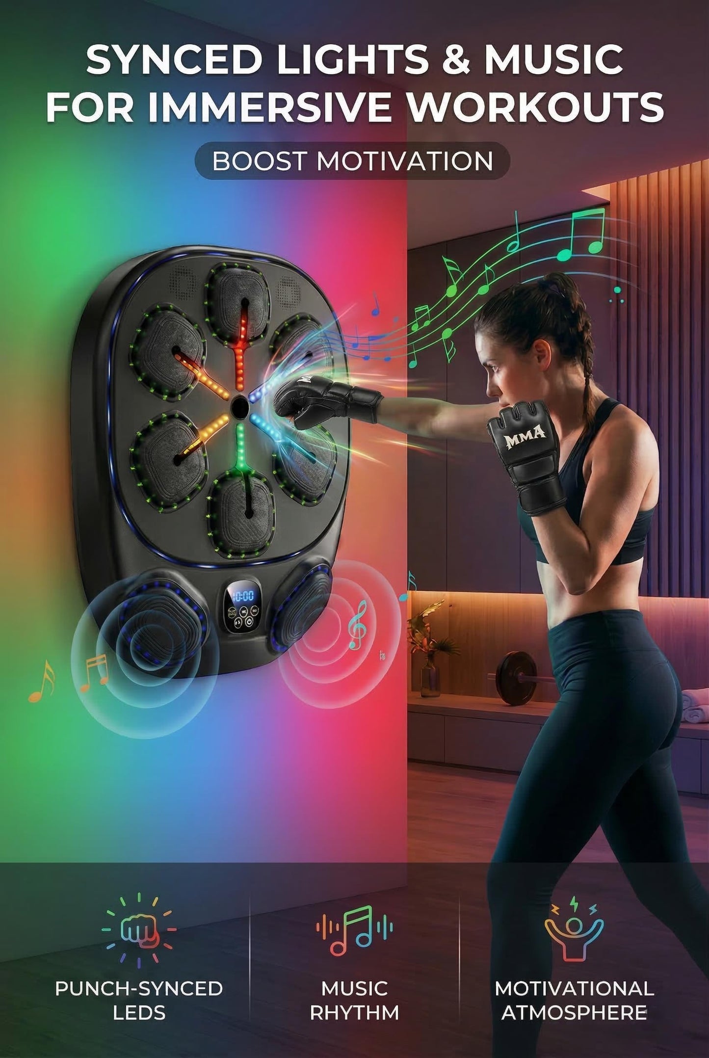 Sculptura 2026 Smart Music Boxing Machine for Adults & Teens, LED Display, Wall-Mounted, Interactive Punch Target with Rhythm Training, Home Fitness Boxing System with Gloves