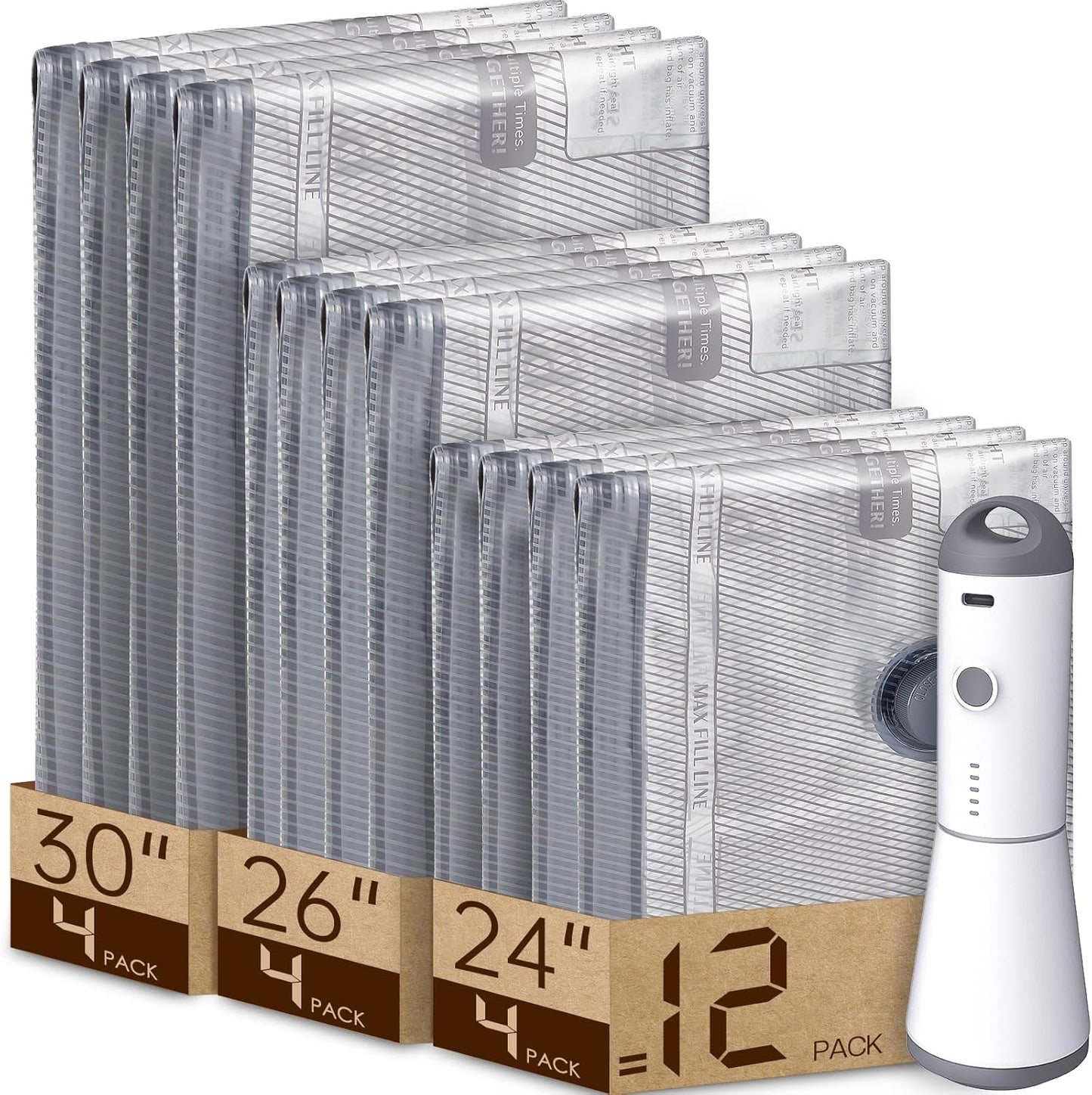 Vacbird 12 Pack Vacuum Bags - Travel Size Compression Bags with Rechargeable Air Pump for Luggage