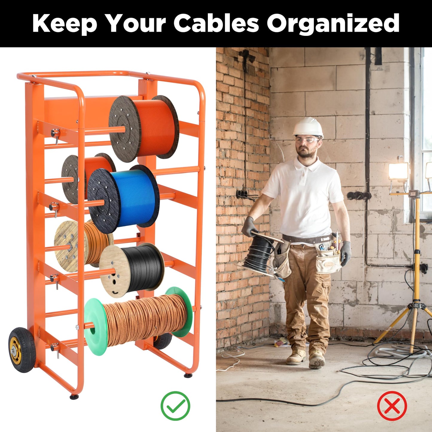 Wire Spool Rack Cable Caddy Wire Spool Cart Multi-Spool Wire Rack Dispenser with 11 Rods Multiple Axles Cable Spool Holder Wire Reel Caddy Cart with Wheels and Box for Electrical Industrial Retail