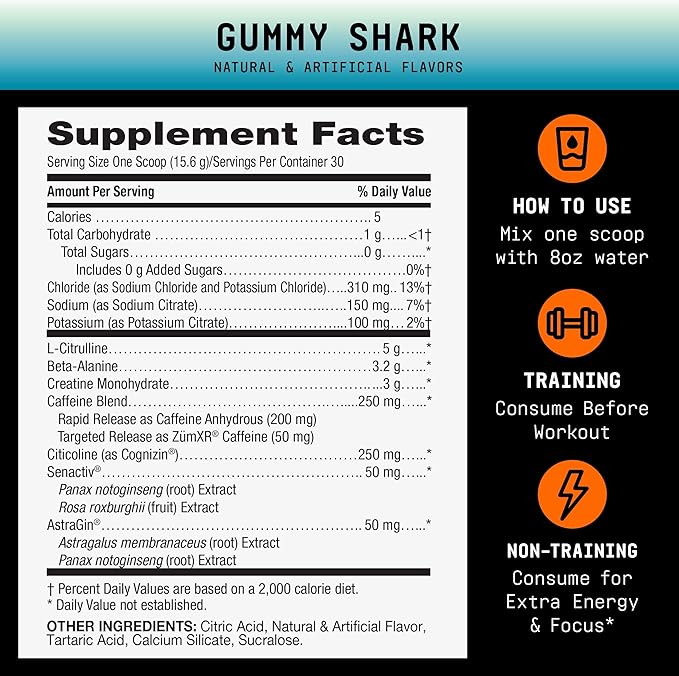 BEYOND RAW LIT V2 Clinical Strength Pre Workout Powder, Hits Harder, Bigger Pumps, Caffeine, L-Citrulline, Creatine, Gummy Shark, 30 Servings