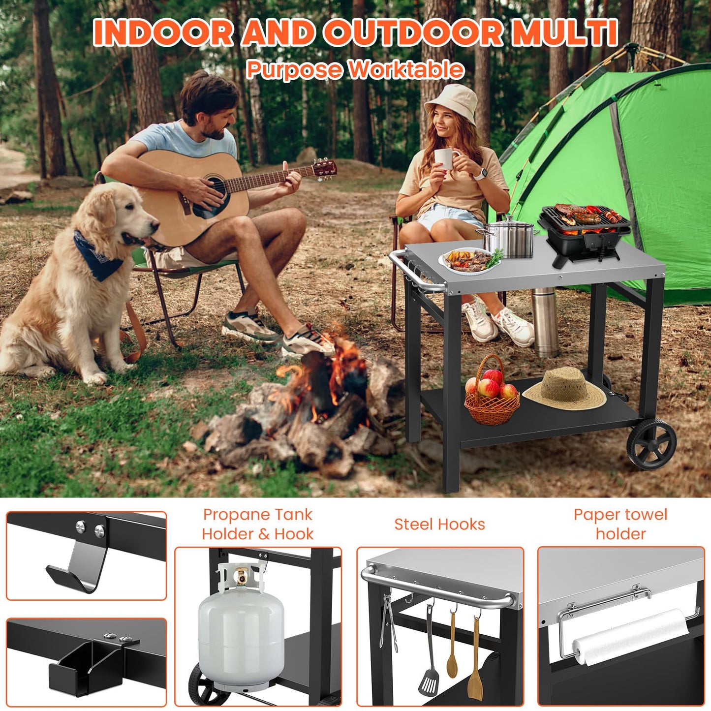 Double-Shelves Stainless Steel Flattop Grill Cart, Movable Kitchen Indoor & Outdoor Cooking Station, Fits Ninja/Ooni/Blackstone/Weber Q, Pizza Oven Food Prep Table for Party, 33.5"×21"