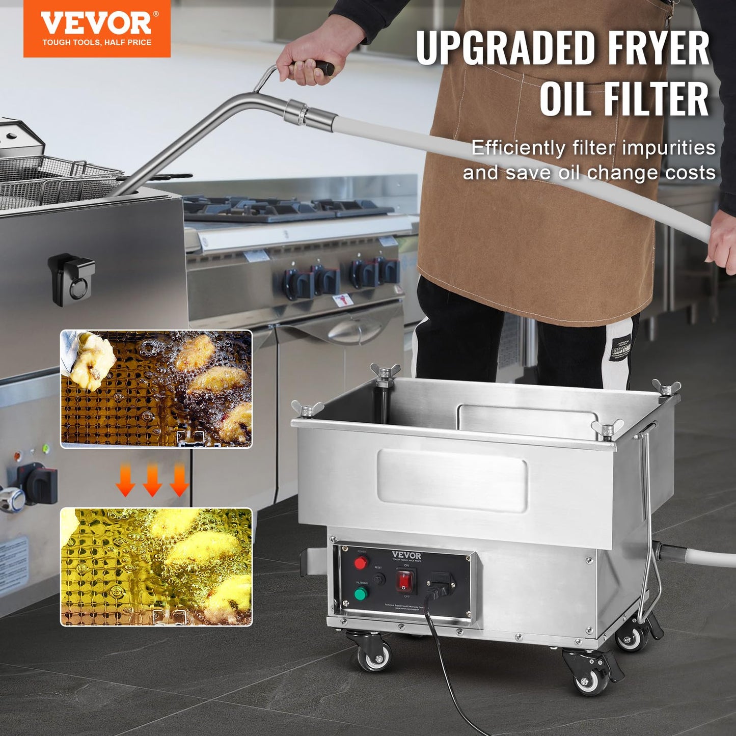 VEVOR Deep Fryer Filter 18 L/44 LBS/5.8 Gal, Frying Oil Filter System Machine 300W, Deep Fryer Oil Filter 10 L/min, Cooking Oil Filter Pump & Oil Hose, Mobile Fryer Filter 110V Kitchen Restaurant