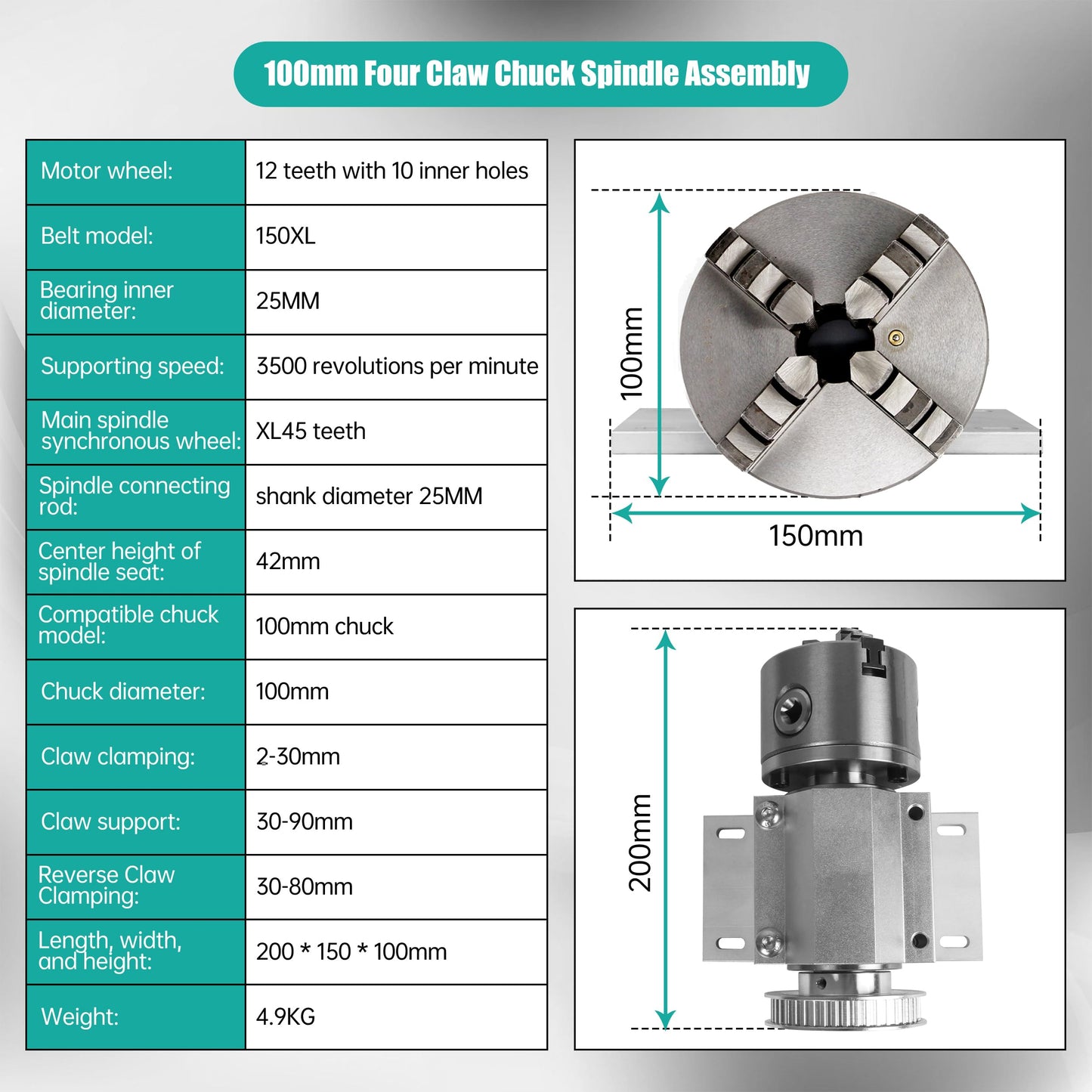 RATTMMOTOR No Powered Multi-Function Lathe Chuck Spindle Assemblies Rotary Lathe Woodworking Motor Chuck 100mm for CNC Lathe Grinder Drilling Machine Table Saw (4 Jaw 100mm)