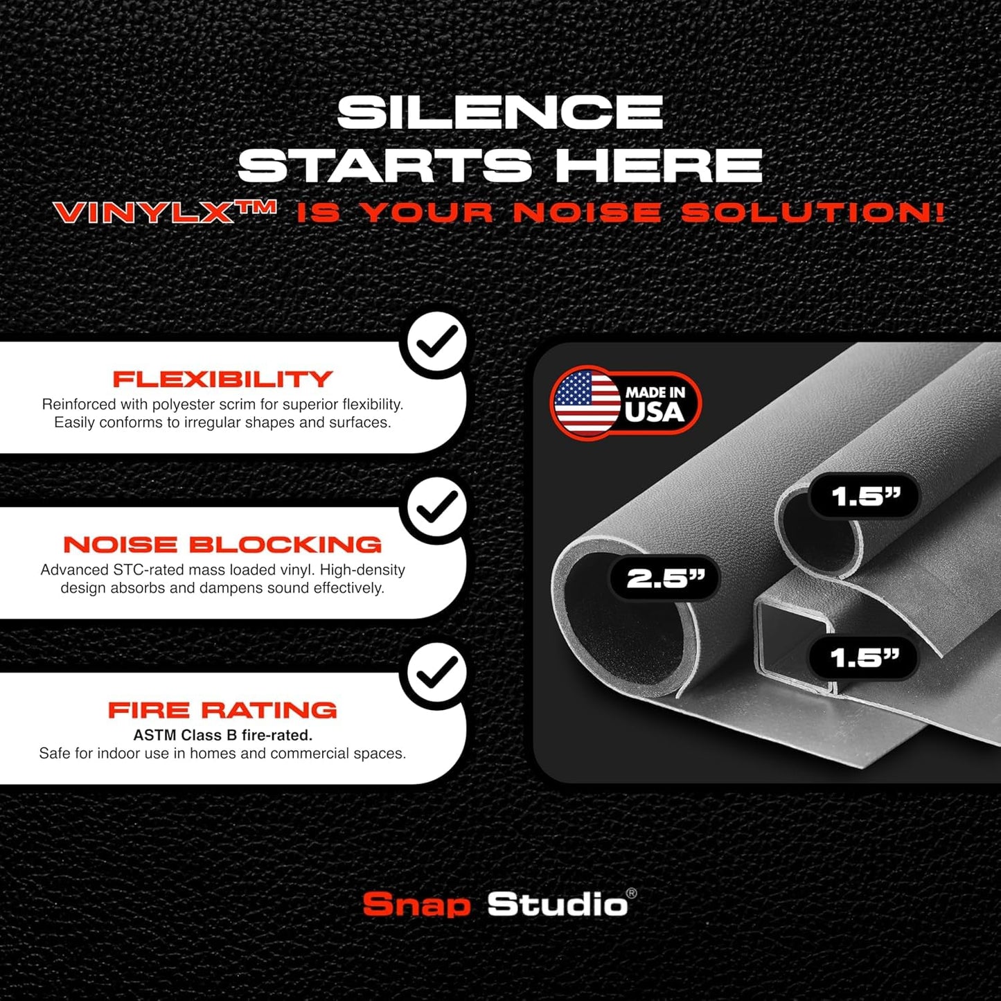 VinylX™ Reinforced Mass Loaded Vinyl (MLV) - Flexible, Heavy Duty Soundproof Barrier for Walls, Ceilings, Floors – ASTM Rated, USA Made – 1.0 lb/sq ft, 48" x 25' Roll