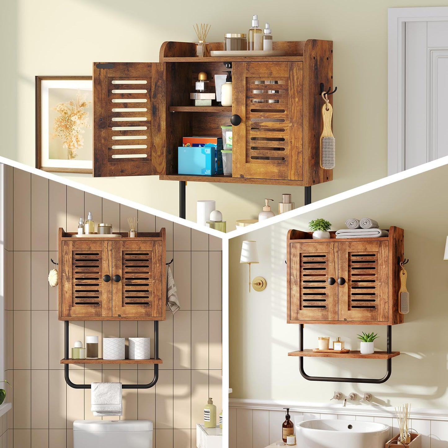 HOOBRO Bathroom Wall Cabinet, Double Doors Medicine Cabinet with Towel Bar, Adjustable Shelf, 2 Hooks, Over The Toilet Storage Cabinet, for Bedroom, Kitchen, Rustic Brown BF46CW01