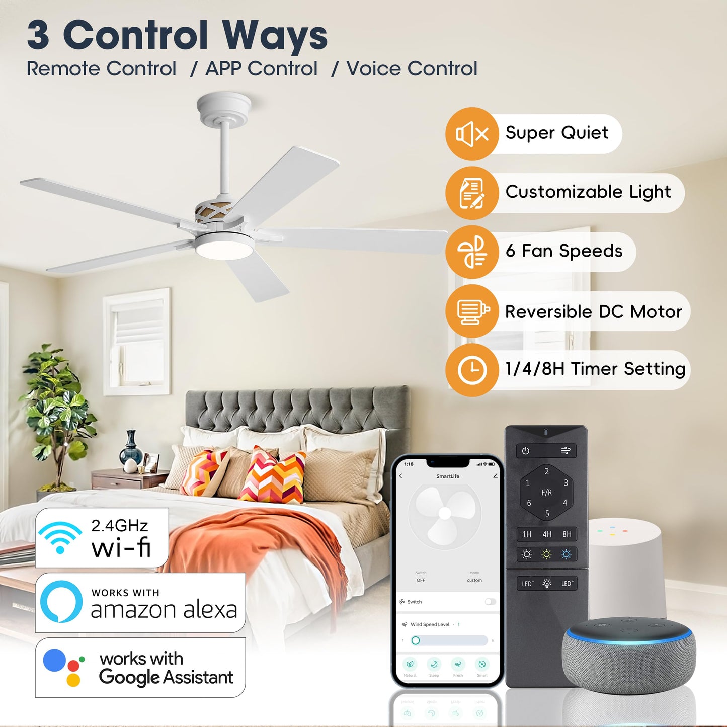 WINGBO 52" Smart Ceiling Fan with Lights, White/Oak Blades, 6 Speeds Reversible DC Motor, Works with Alexa and Google Assistant, 3CCT Dimmable LED Ceiling Fan for Bedroom Living Room, White Finish