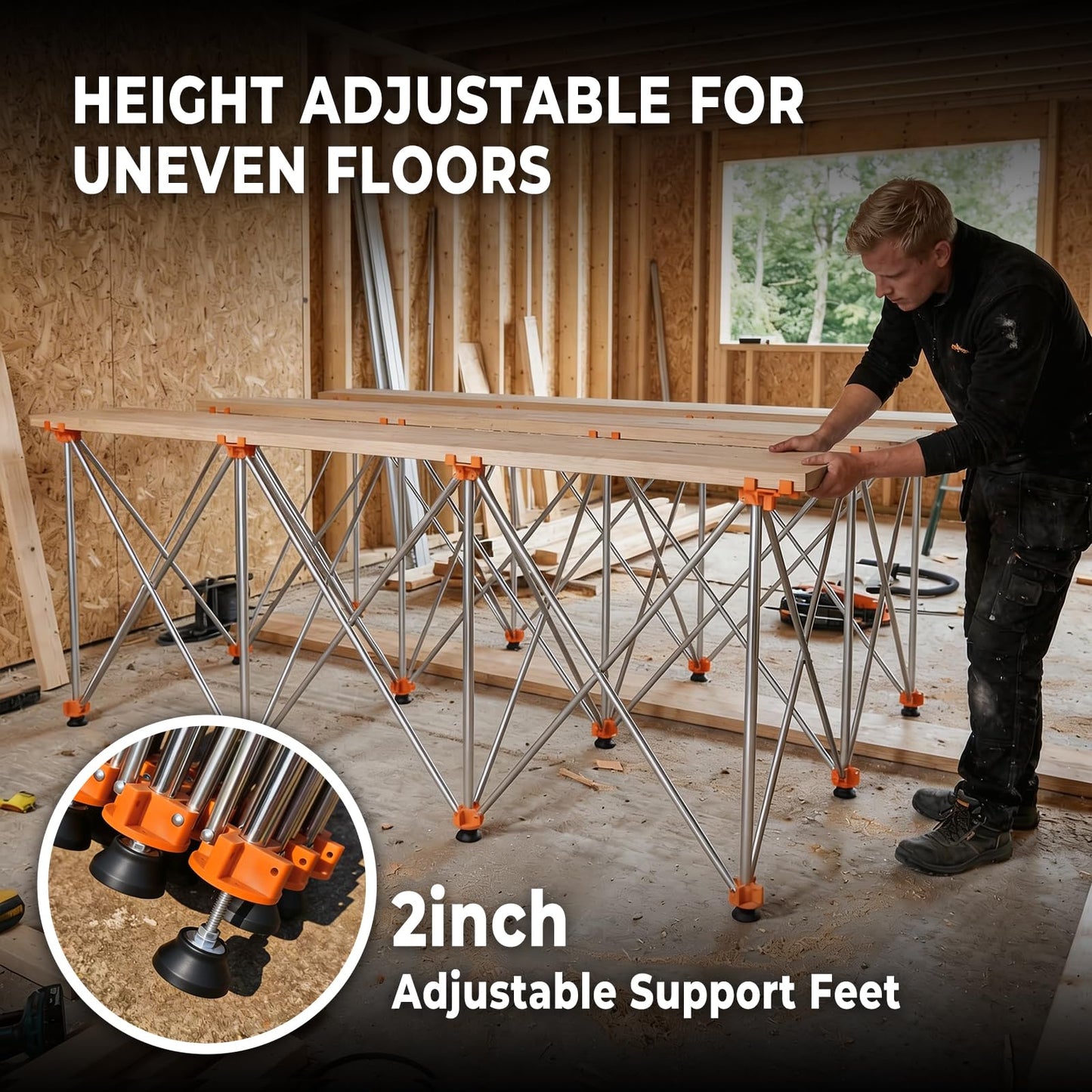 Joinerjetly 30" Tall Portable Folding Workbench 6x4 FT, Stable 12-Leg Collapsible Work Stand with Adjustable Leveling Feet, Lightweight 4500 lbs Capacity Sawhorse Table for Woodworking & Jobsite