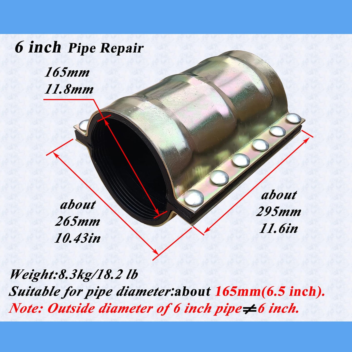 Water Pipe Repair Clamp for 6 inch Pipe(OD of The Applicable Pipe is About 6.5 inch),Leak Sealer for Pipes and Plumbing,Length 11.6 inch,Suitable for PE,PPR,Iron and Steel Pipes