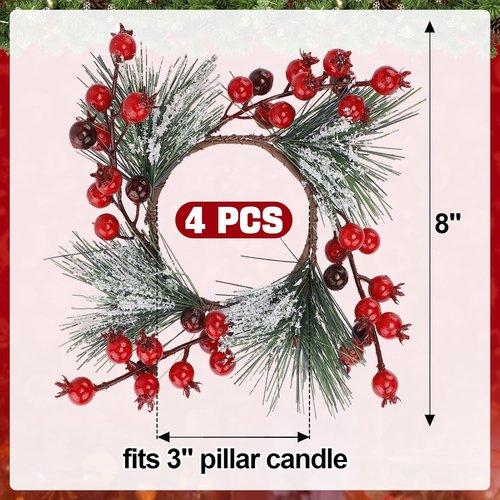 Christmas Candle Rings | Festive Wreath Garland for 3" Dia Pillar Candles with Red Berries