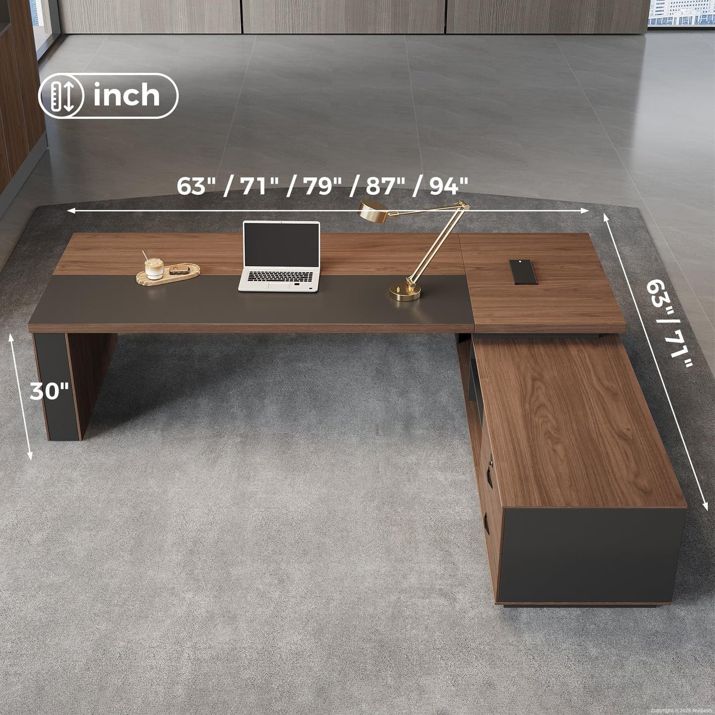Nuipesn 87-Inch Reversible L-Shaped Executive Desk with Power Outlet & LED Lighting, Large Modern Office Desk with Drawers & Storage Shelves for Home & Office, Red Walnut & Iron Gray