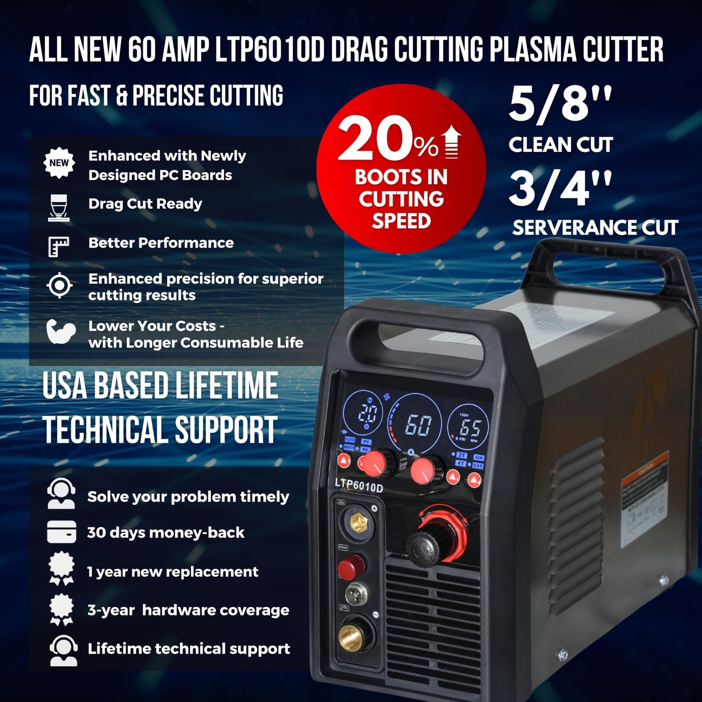 LOTOS Apex LTP6010D 60A Plasma Cutter, Drag-Cut Ready & Up to 20% Faster, 5/8" Clean (3/4" Sever), Non-Touch Pilot Arc, New-Design Torch, Dual-Voltage 110/220V, LED Panel, Front Regulator