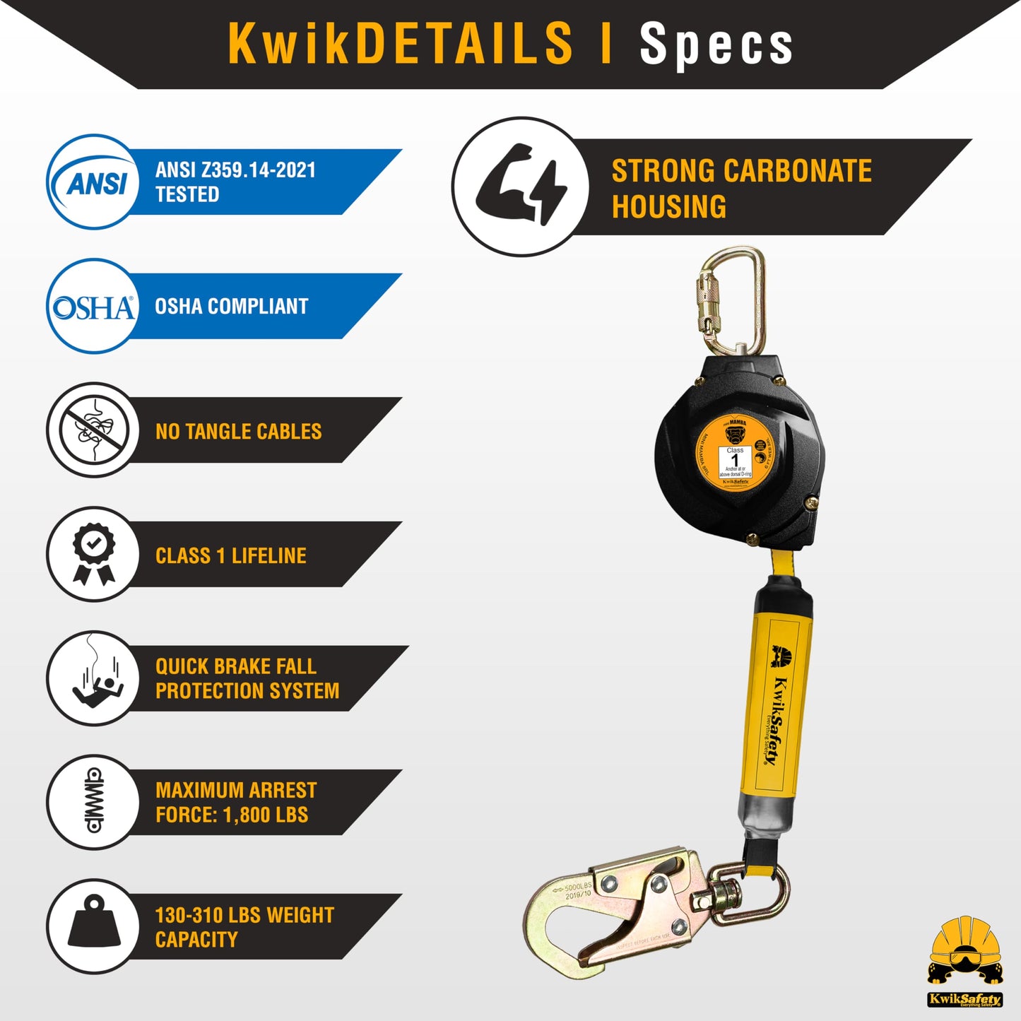 KwikSafety - 6' mini Mamba Self Retracting Lifeline [NO Tangle Web] Class 1 Retractable Safety Lanyard SRL ANSI OSHA