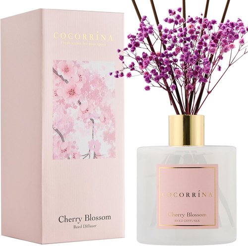 Cocorrína Reed Diffuser - Cherry Blossom Scented 17 Fl. Oz Diffuser with 8 Sticks & Preserved Flowers | Home Decor