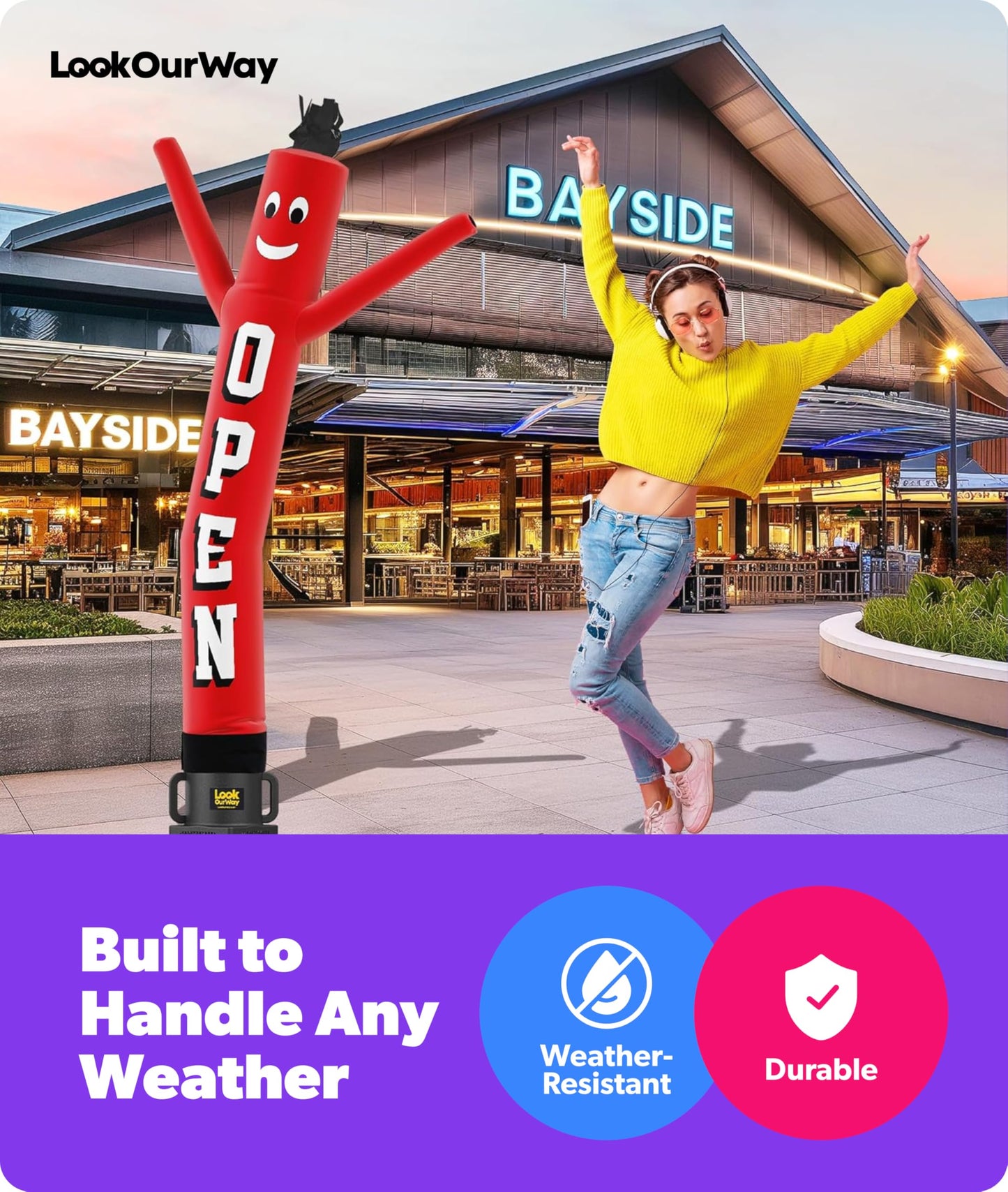 LookOurWay Air Dancers Inflatable Tube Man Set - 7ft Tall Wacky Waving Inflatable Dancing Tube Guy with Weather Resistant Blower for Business Promotion - Open Red