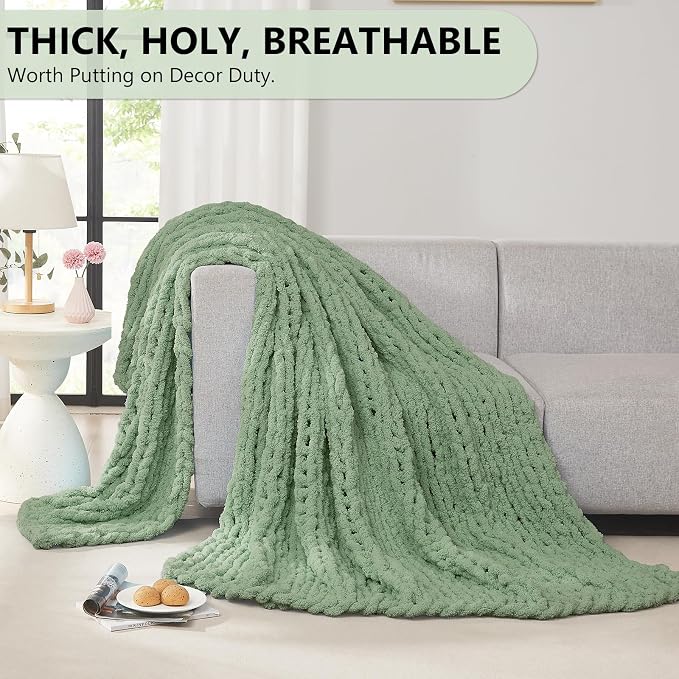 L'AGRATY Chunky Knit Blanket Throw: 80''x90'' Chenille Chunky Knitted Throw Blankets for Bed Couch - Handmade Thick Big Cable Knit Blanket - Large Crochet Blankets for Home Decor(Sage Green)