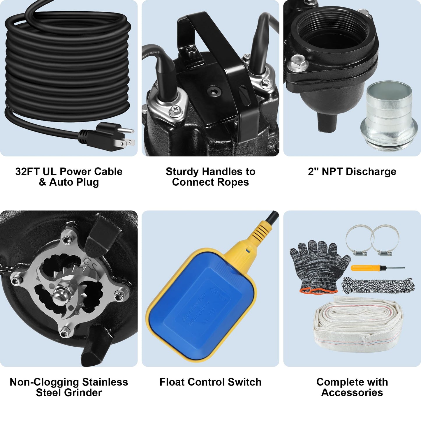 Sewage Effluent Grinder Pump, 1HP 110V 6400GPH, Stainless Steel Cast Iron with Automatic Float Switch, 2'' NPT Discharge for Basement, Sump Basin, Residential Sewage
