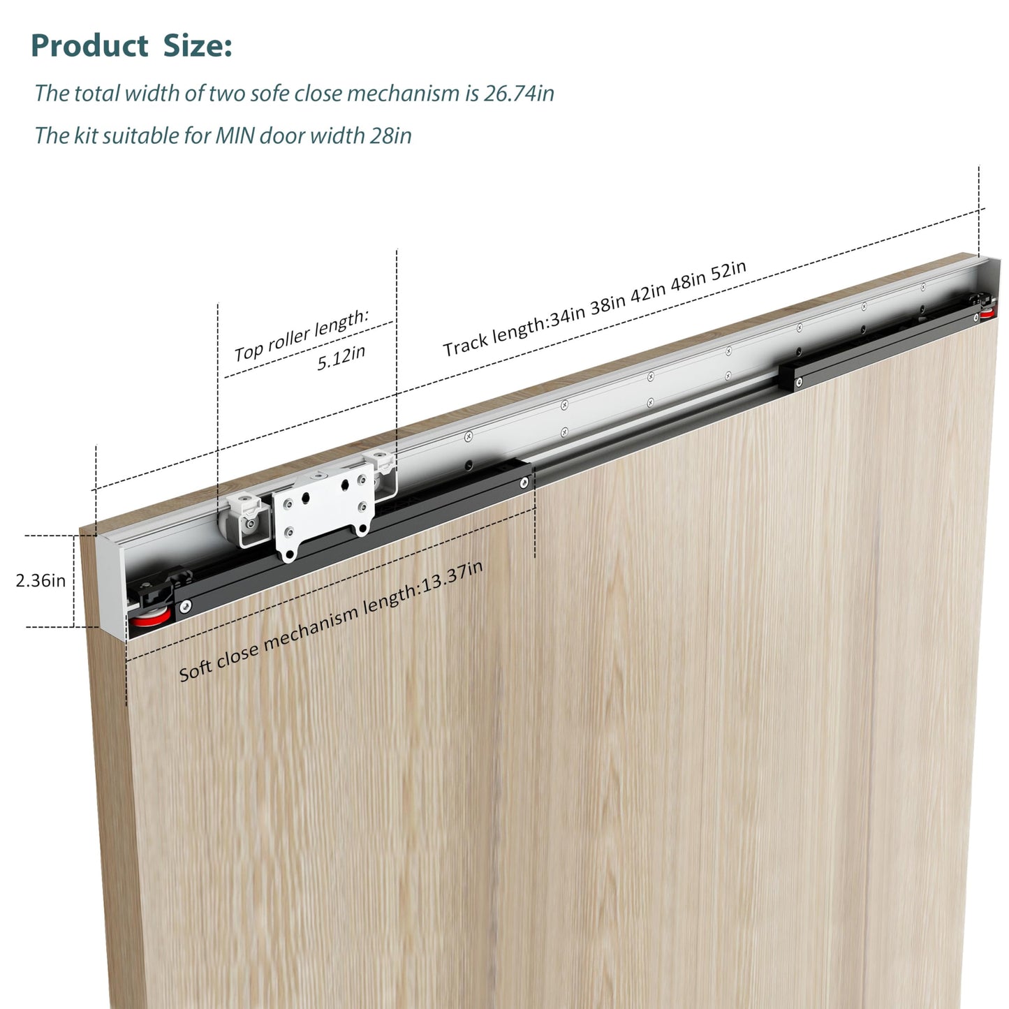 DIYHD 34" Concealed Sliding Barn Door Hardware with Dual Soft Close Mechanism, No Floor Track, Fit MIN Openning Width 28", Supports Up to 176 lb, Hidden Wall Mount System (Door Not Included)