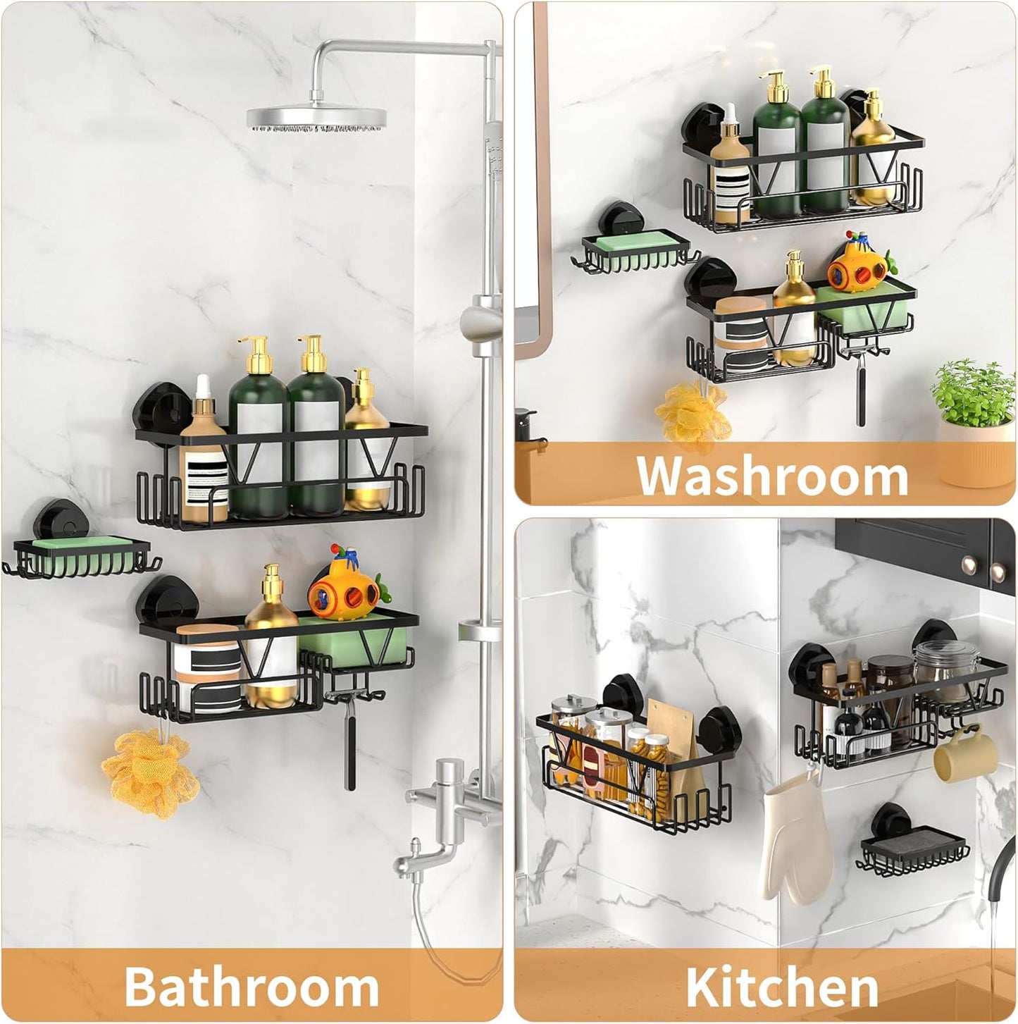 ZUNTO Suction Cup Shower Caddy | 3-Piece Reusable Shelf Organizers with Soap Holder & Hooks - No Drilling