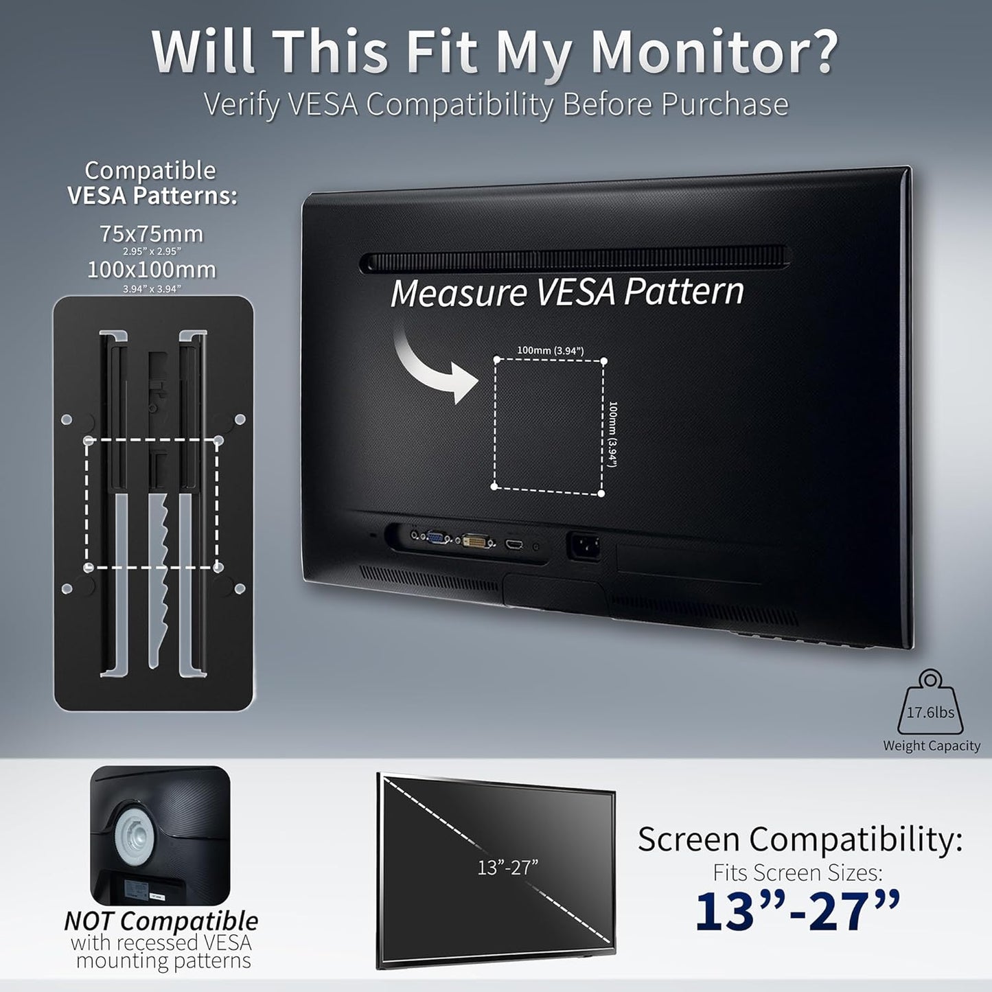 VIVO 27 Inches Height Adjustable VESA Adapter Stand for Individual Monitors up to Black