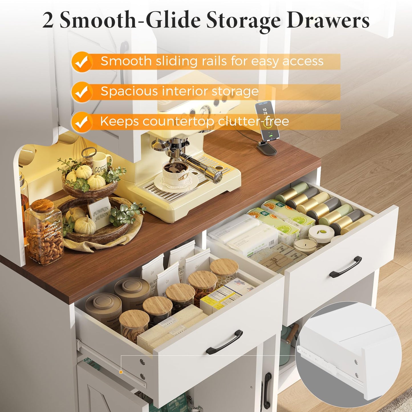 VK·LIVING 71" Kitchen Pantry Cabinet with LED Light & Charging Station, Farmhouse Storage Cabinet with Adjustable Shelves & 2 Drawers, Large Kitchen Pantry with Coffee Bar, White