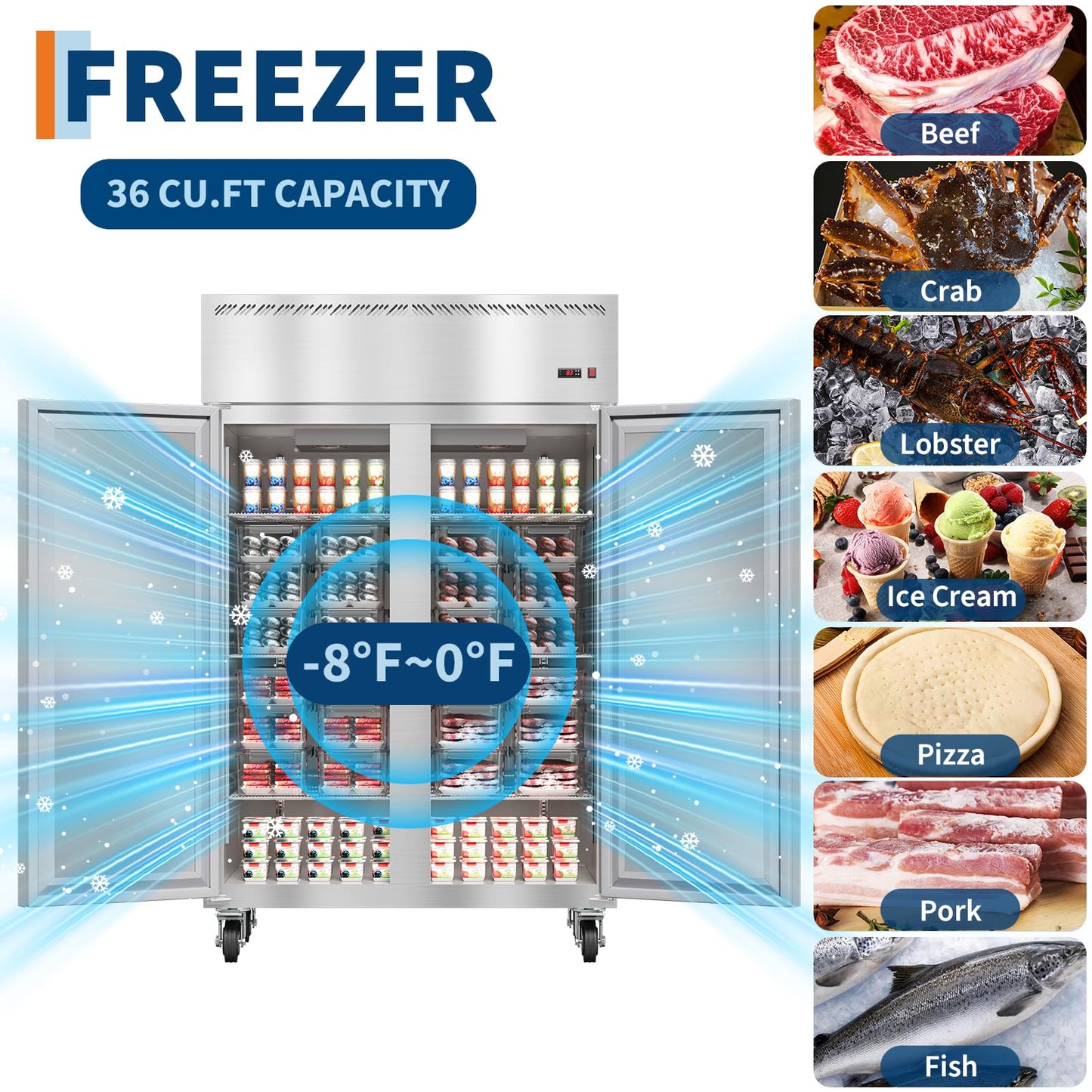 48" W Commercial Freezer -8°F~0°F with 2 Door, Reach-in 36 Cu.ft Stainless Steel Commercial Refrigerator Fan Cooling, Auto Defrost, 6 Adjustable Shelves, for Restaurant, Bar, Kitchen, Shop