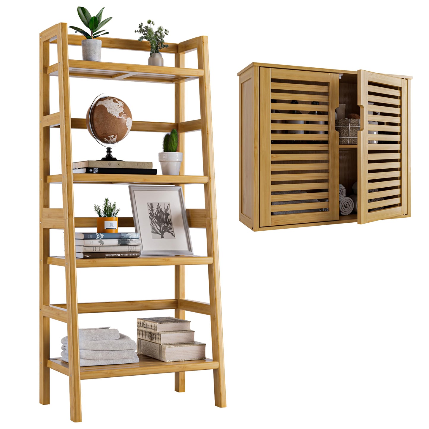 HITNET Bamboo Ladder Bookshelf and Bathroom Wall Cabinet, Over The Toilet Hanging Medicine Cabinet Floor Standing Leaning Shelf 4 Tier, Natural