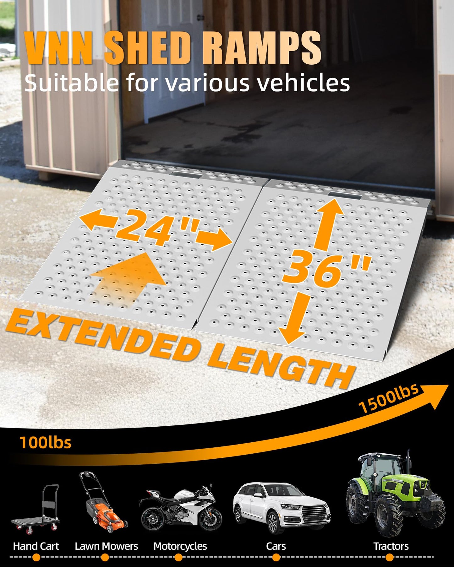 VNN 36" x 48" Shed Ramp for Riding Mower - 1500 LB Capacity Shed Ramps, Anti-Slip Punch Plate Ramp for ATV, Motorcycles, Garages & Barns (2PC, Slivery)