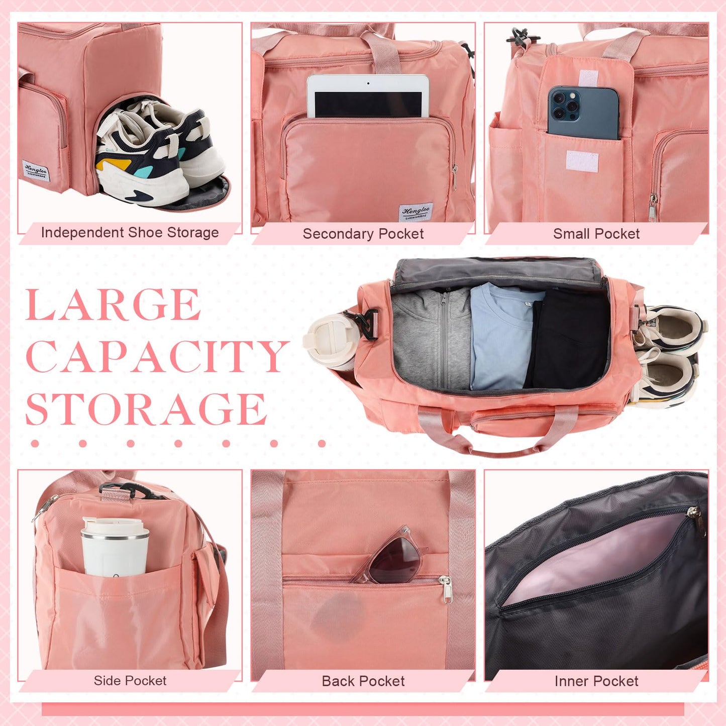 Abbylike Gym Bag with Shoe Compartment for Women Men Travel Duffle Bag Dry Wet Separation Weekender Overnight Handbag for WorkOut Travel Gym(Pink)