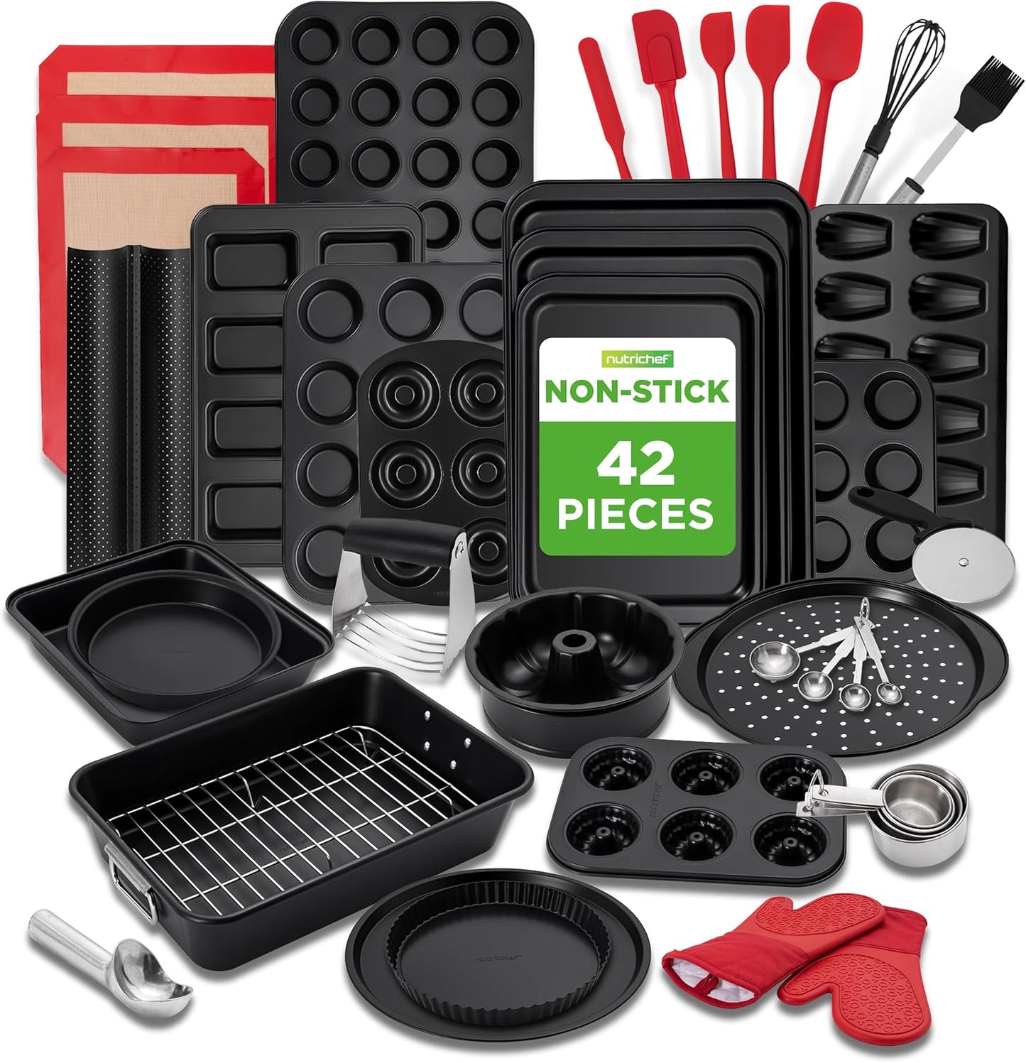 NutriChef 42-Piece Nonstick Bakeware Set - Carbon Steel Pans & Essential Baking Tools - Perfect for Savory & Sweet Treats