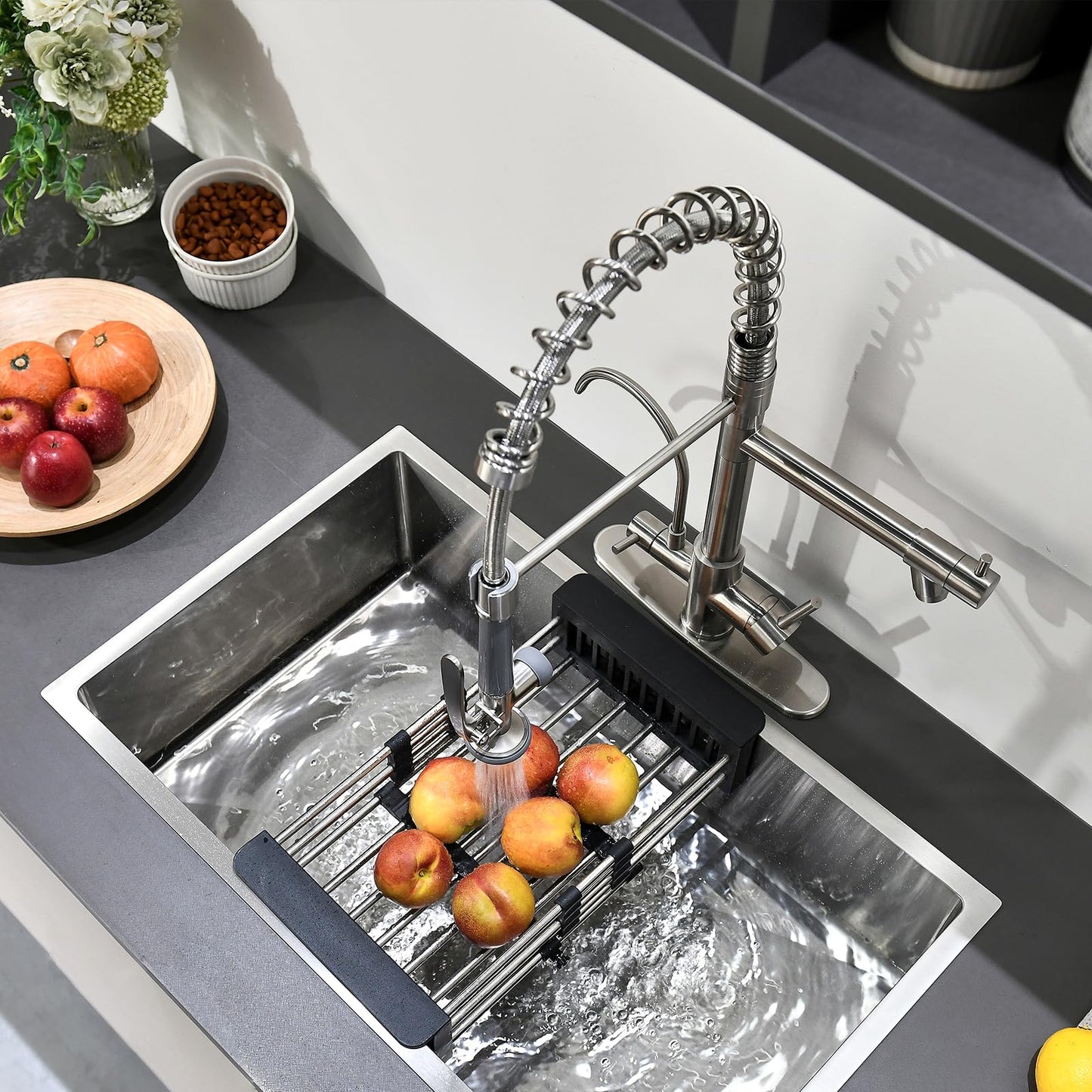Fapully 3 in 1 Kitchen Faucet with Water Filler and Pull Down Sprayer,Brushed Nickel Commercial Kitchen Sink Faucet with Drinking Water Faucet