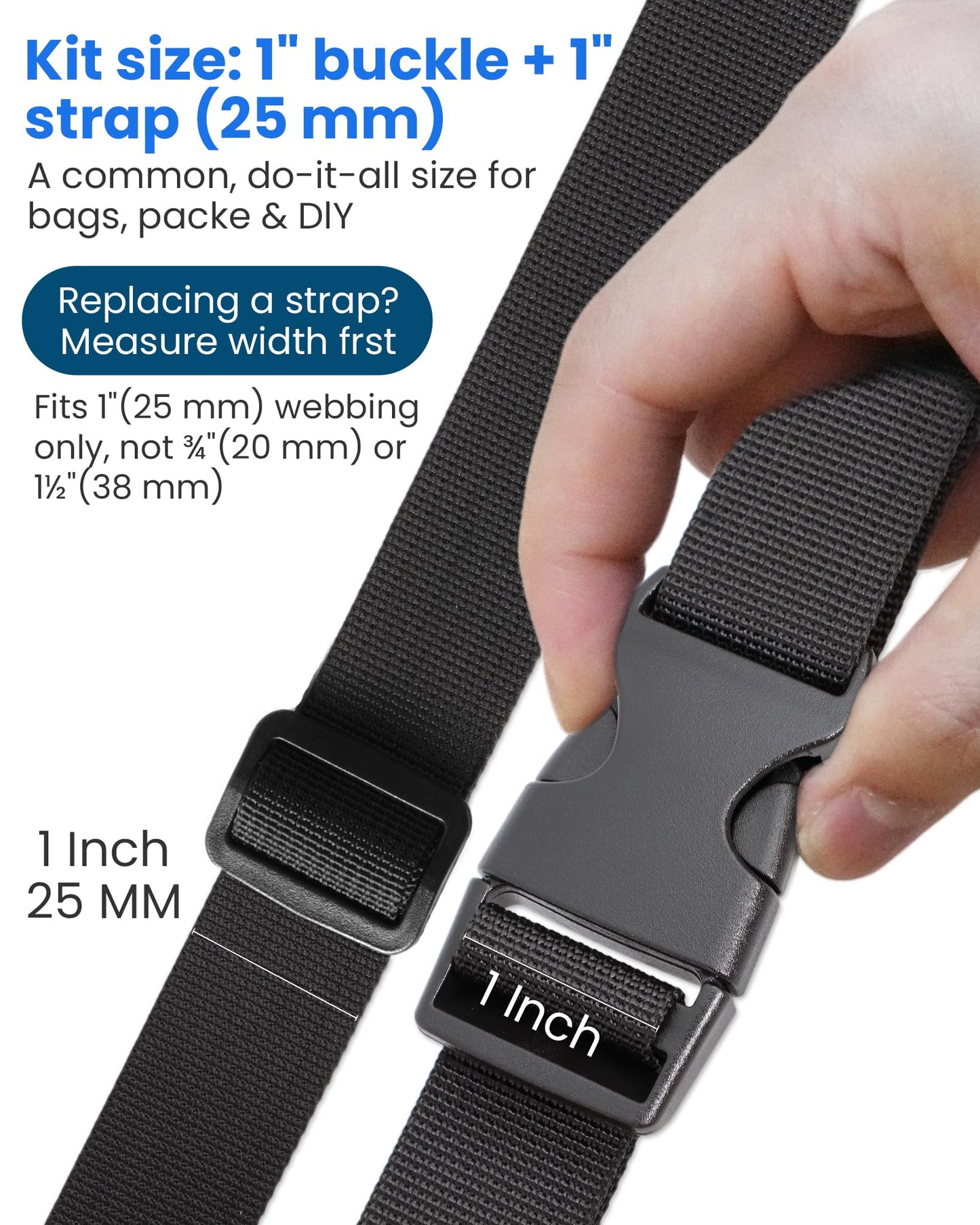 Buckle & Strap Kit - 6 Yards 1 Inch Wide Polyester Webbing Stronger Than Nylon, 6 Plastic Quick Release Buckles & 12 Triglide Clips, Adjustable Extender Straps for Backpack, Dog Collar, Fanny Pack