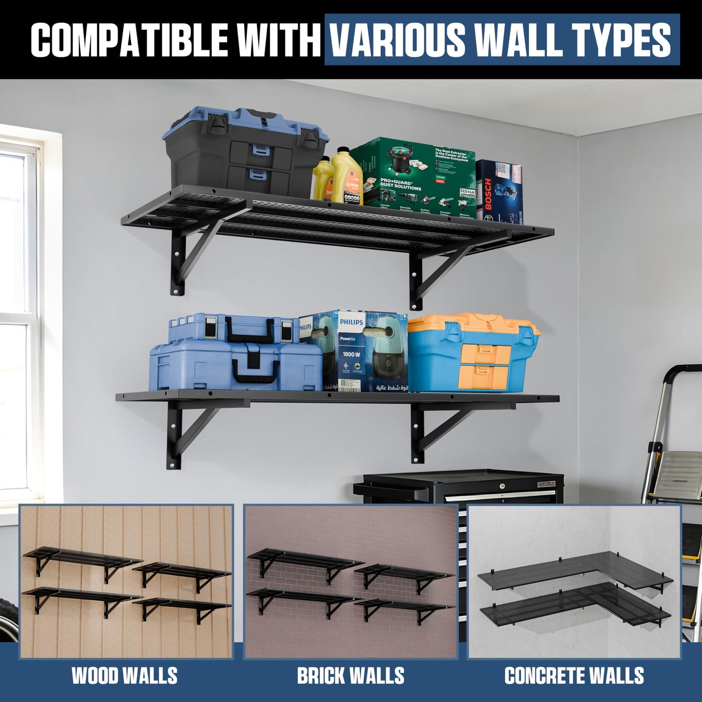 FOFARY Garage Wall Shelving 2-Pack(1.64x4 ft) Heavy Duty, Adjustable Garage Shelving Wall Mounted Shelves for Storage & Organization, Total 600 lbs Load Capacity, Black