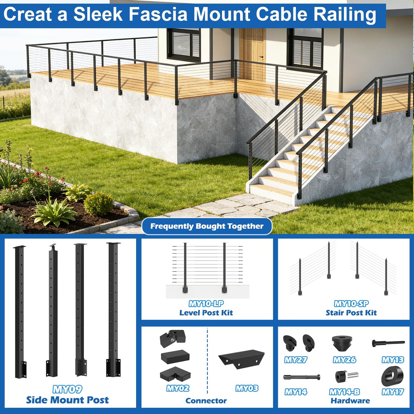 PLANTOP 36" Side Mount Cable Railing Post Kit, Included 2 Pack Level Drilled Fascia Mount Posts, 1/8" Invisible Cable Railing Anchor Terminal, Stainless Steel Handrail Deck Corner Post for Indoor Out