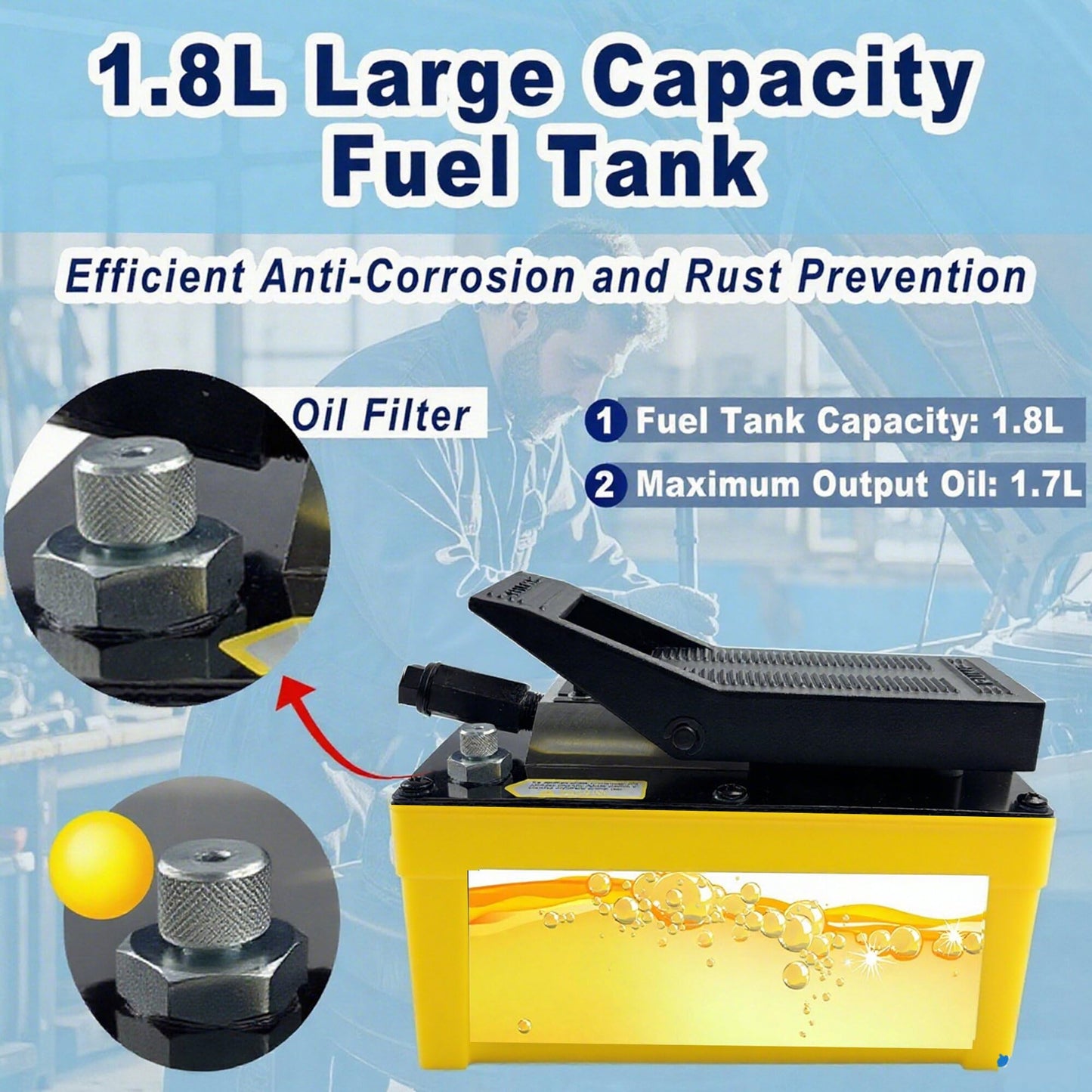 Air Hydraulic Pump 10,000 PSI 1.7L Reservoir, NPT 3/8" Oil Outlet, 2 x 6.5 ft Pipe, Hydraulic Pump Air Hydraulic Foot Pump, Yellow