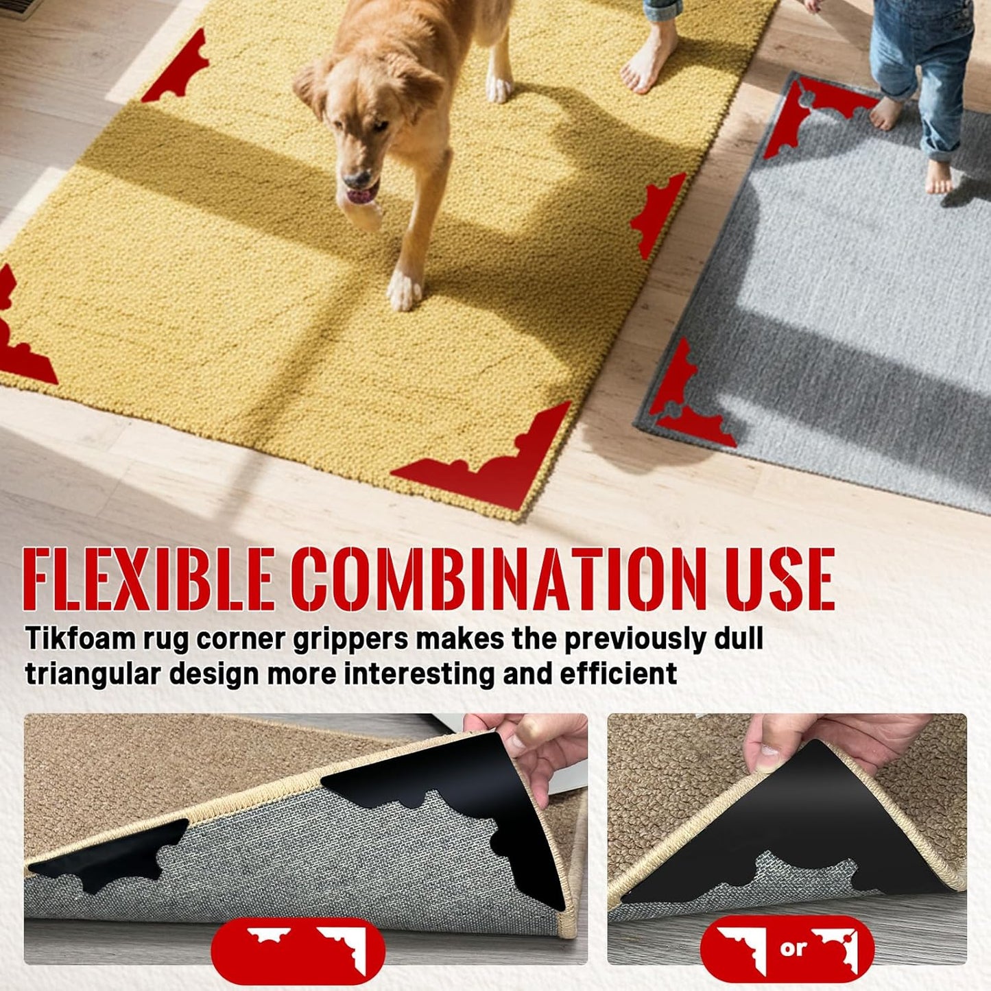 Skiennix Non-Slip Rug Grippers - Reusable Carpet Corner Stickers for Hardwood & Tile Floors | 8-Pack