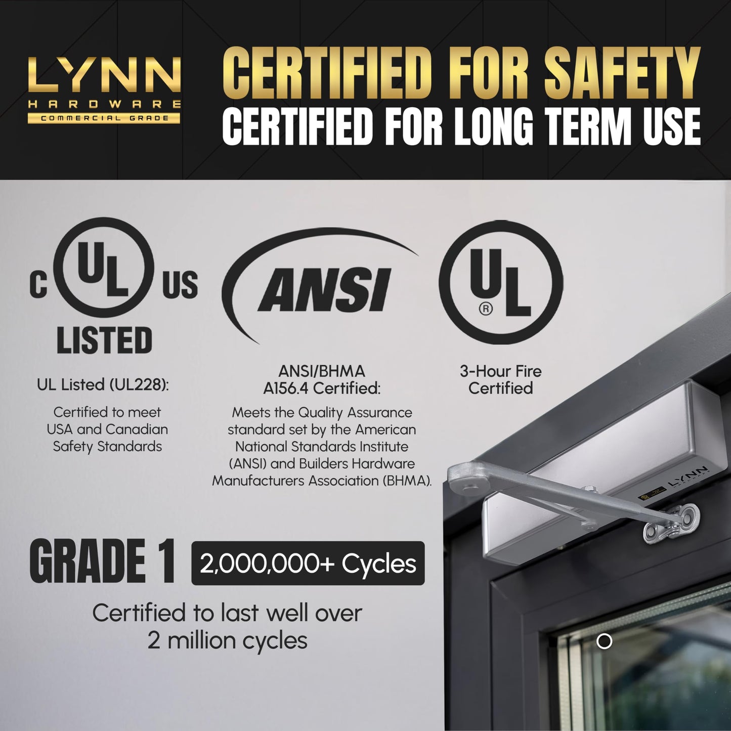 LYNN HARDWARE Extra Heavy Duty Automatic Door Closer (Dark Bronze) - Commercial Grade, Contractors Choice, Adjustable Speed, Delayed Closing Timer, 3 Mounting Options, 3 Hour Fire Rated (DC9016 Model)