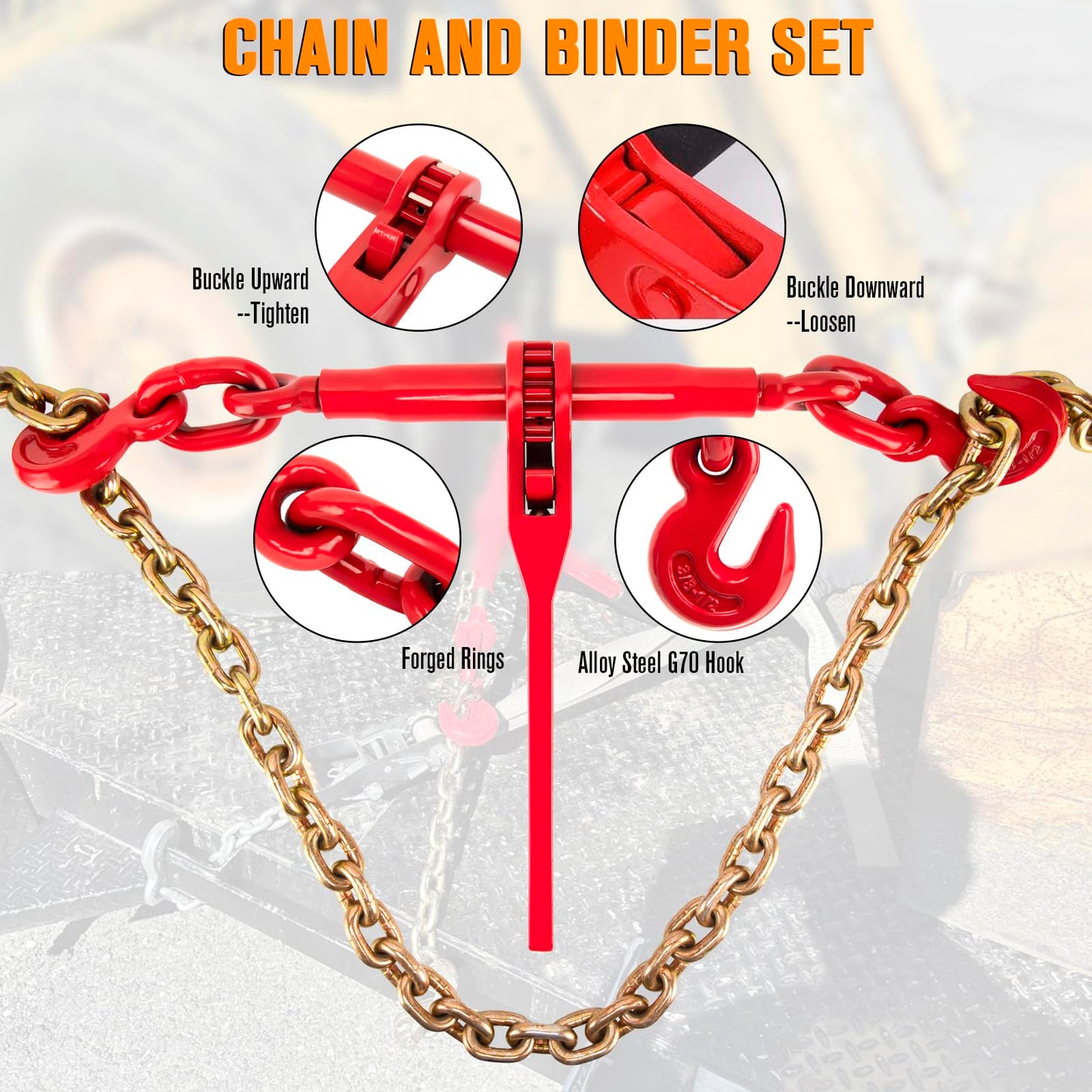 Chain Binders, Transport Chain, Tie Down Chain and Binder 3/8''-1/2'', 10Ft Chains with G70 Hooks, Ratchet Load Binders 9215Lbs Working Strength, Towing Chain for Flatbed Trailer Truck