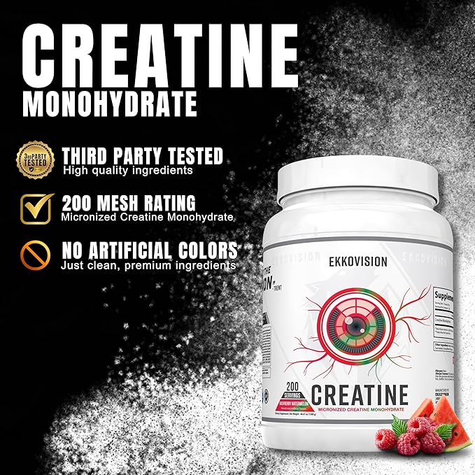 Ekkovision Creatine Monohydrate Powder, Micronized, Raspberry Watermelon, Pre & Post Workout Supplement for Men and Women, Energy Support, Easy to Mix in Shakes, Smoothies & Beverages, 200 Servings