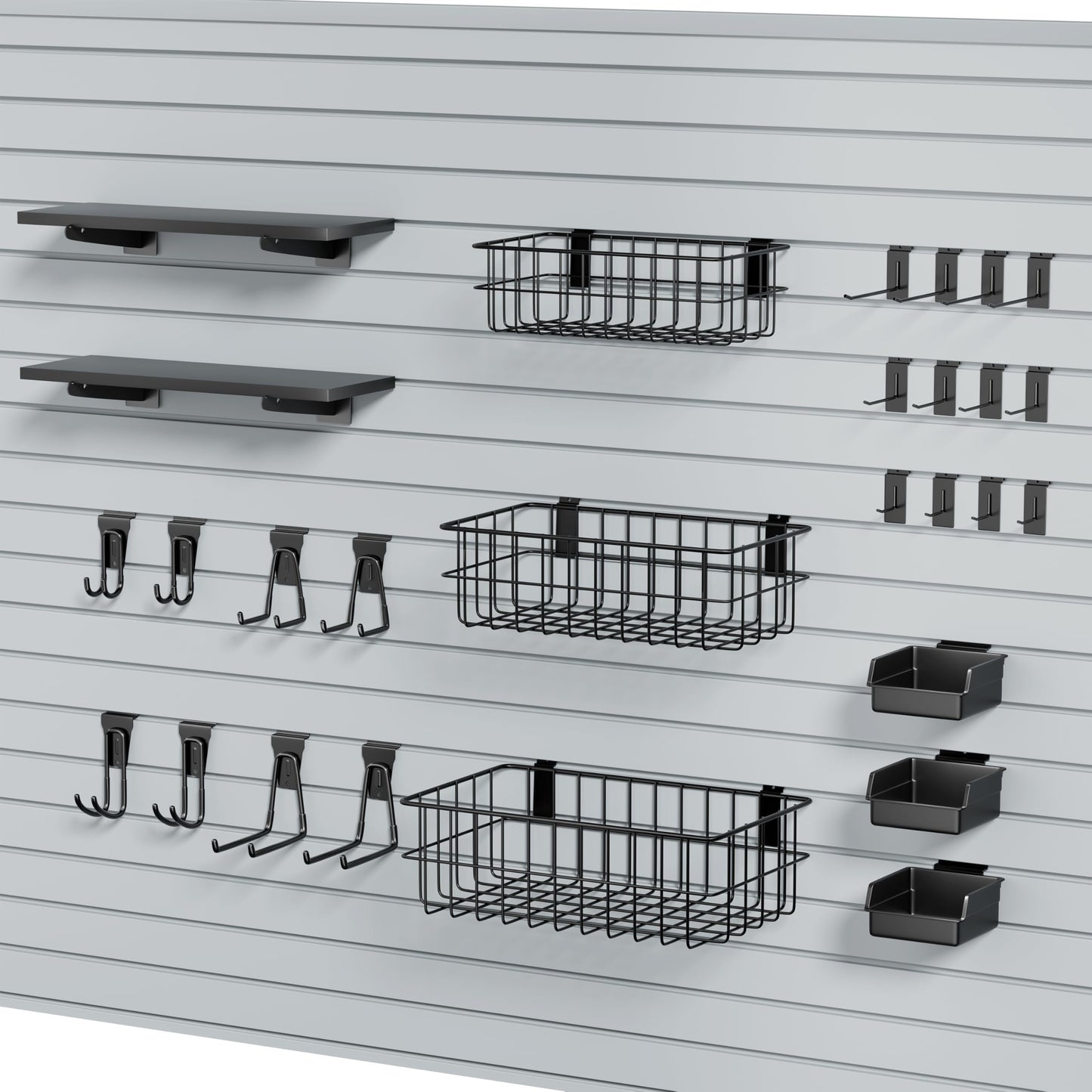 35Pcs Slatwall Accessories Kit, with Slatwall Hooks, Baskets, Shelves, Bins, Heavy Duty Slat Wall Accessory for Garage Organization, Workshop & Utility Room