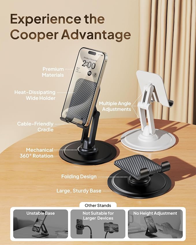 COOPER 360° Stand, [Gift Family Pack], Rotating Cell Phone Stand for Desk, Cell Phone Holder for Desk, iPhone Stand Holder, Sturdy Metal Base, Fits Samsung, Android Smartphones, (Cream White, 2-Pack)