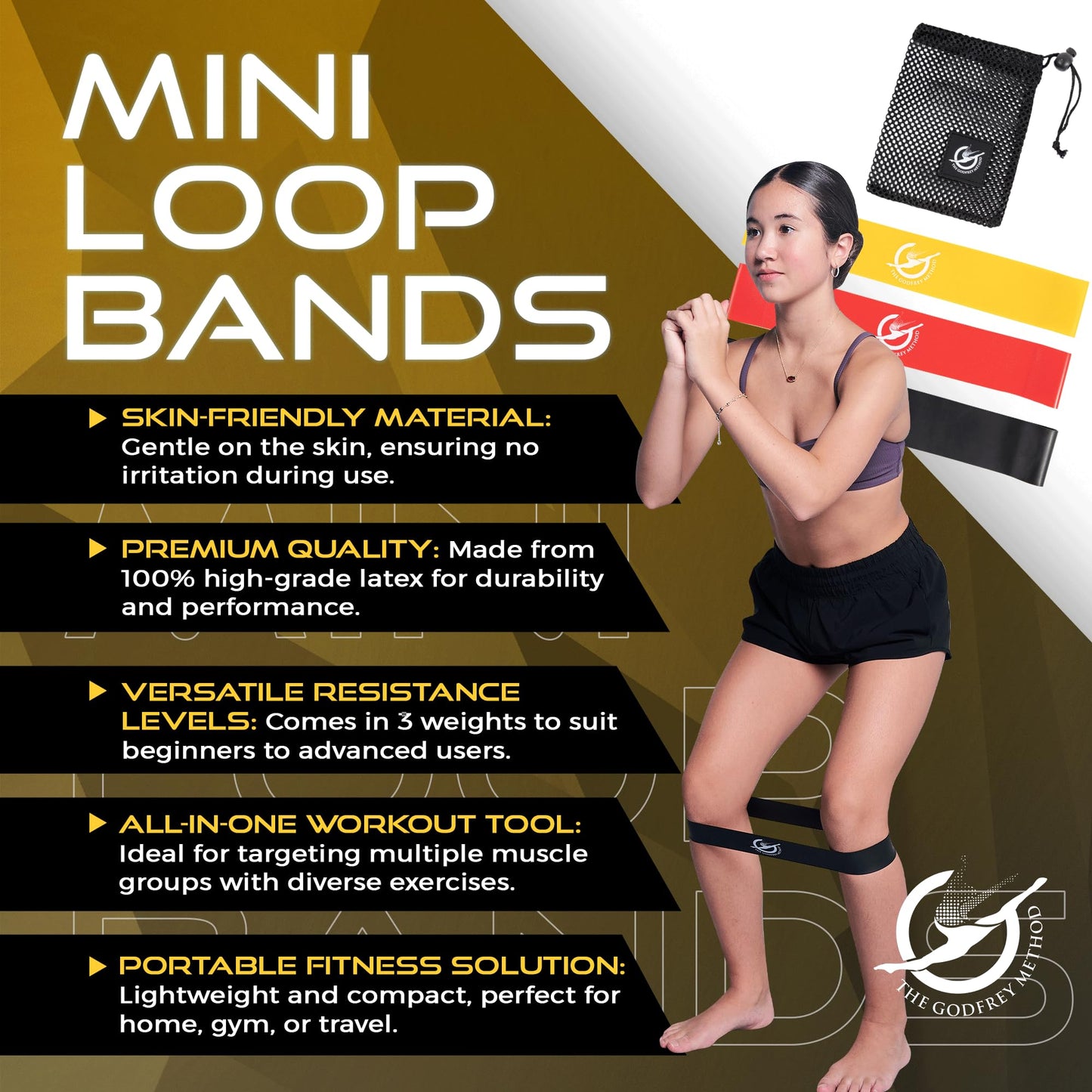Mini Looped Bands (Resistance) - The Godfrey Method, 3 Pack - Yellow, Red, Black