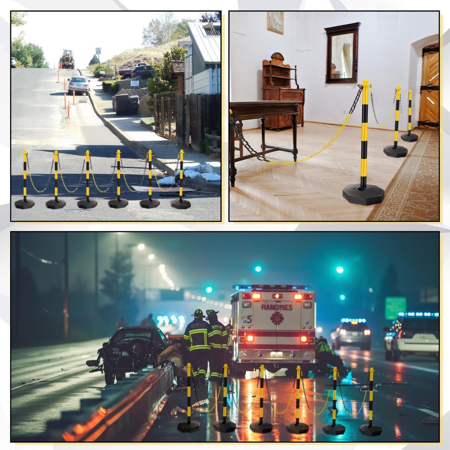 Konohan 12 Sets 34 Inch Parking Cone Delineators Post Traffic Cone Plastic Stanchion Set Stands Parking Barrier with Base 6.6 ft Chain S Hooks Reflective Collar (Yellow,Black)