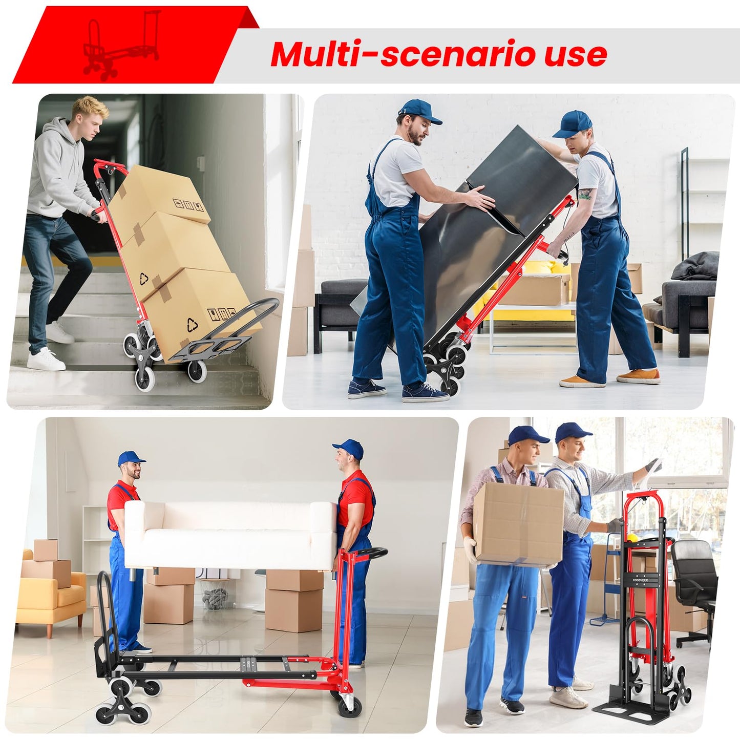 Heavy Duty 1000LBS Stair Climbing Dolly, 3 in 1 Convertible Hand Truck, Folding Hand Truck Dolly Cart with Solid Wheels for Moving/Travel/Office (Red)
