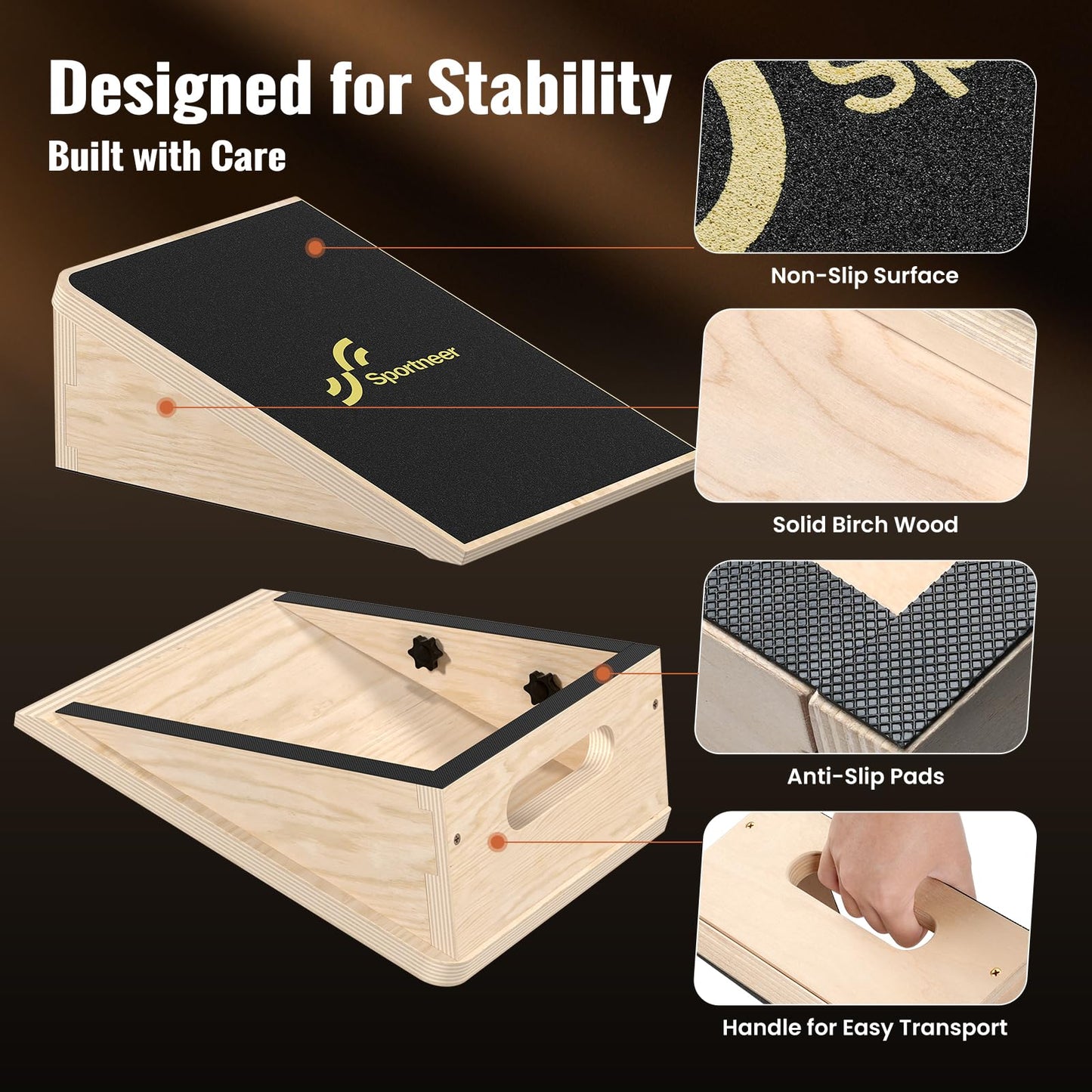 Sportneer Squat Wedge - Squat Wedge Block 1200 LBS - 15°/ 20° Slant Board for Squats Wooden Heel Elevated Board for Squats Weightliting Home Gym Squat Wedge Non-Slip (Black, 20°)