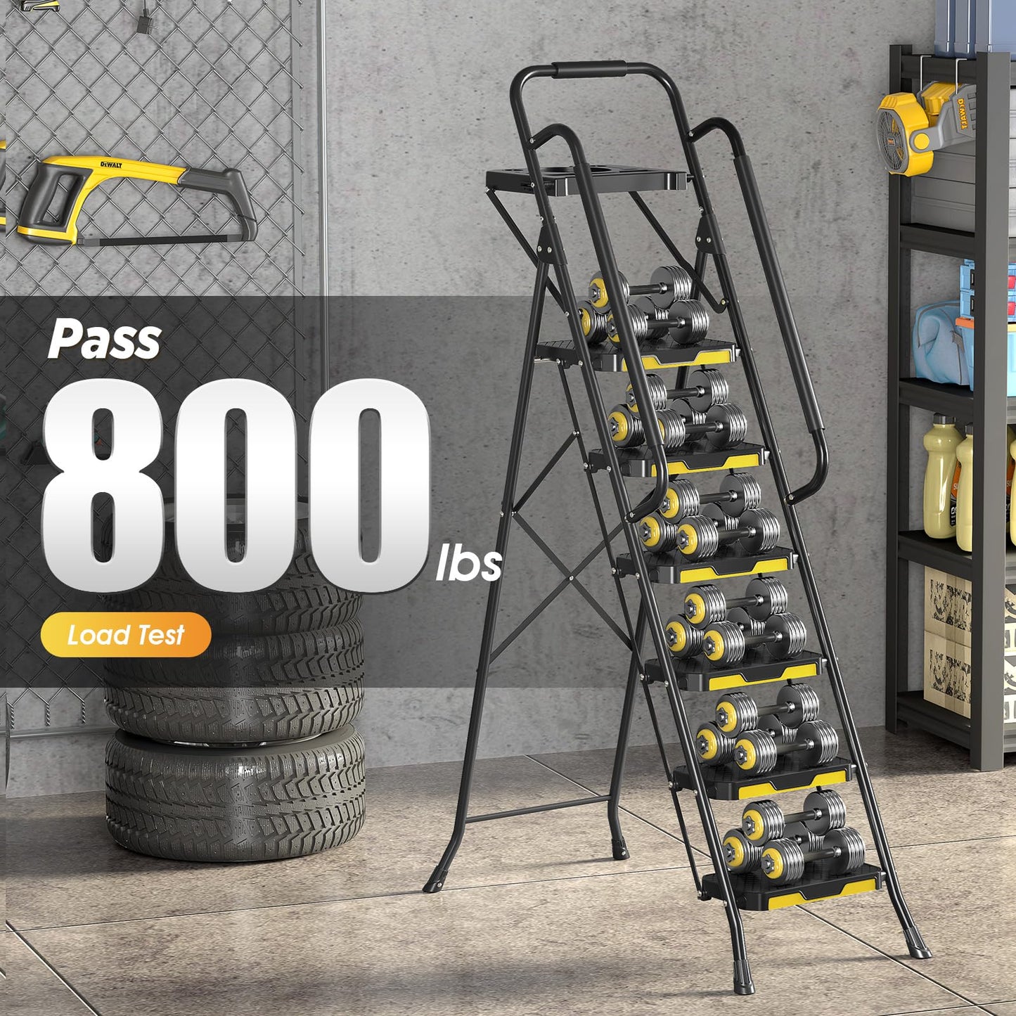 KINGRACK Step Ladder, Sturdy Steel Step Stool with Anti-Slip Wide Pedals, Handrail, Safe-Lock Design, 800lbs Folding Portable Ladder for Multi-Purpose, Home, Kitchen (6-Step with Tool Platform)